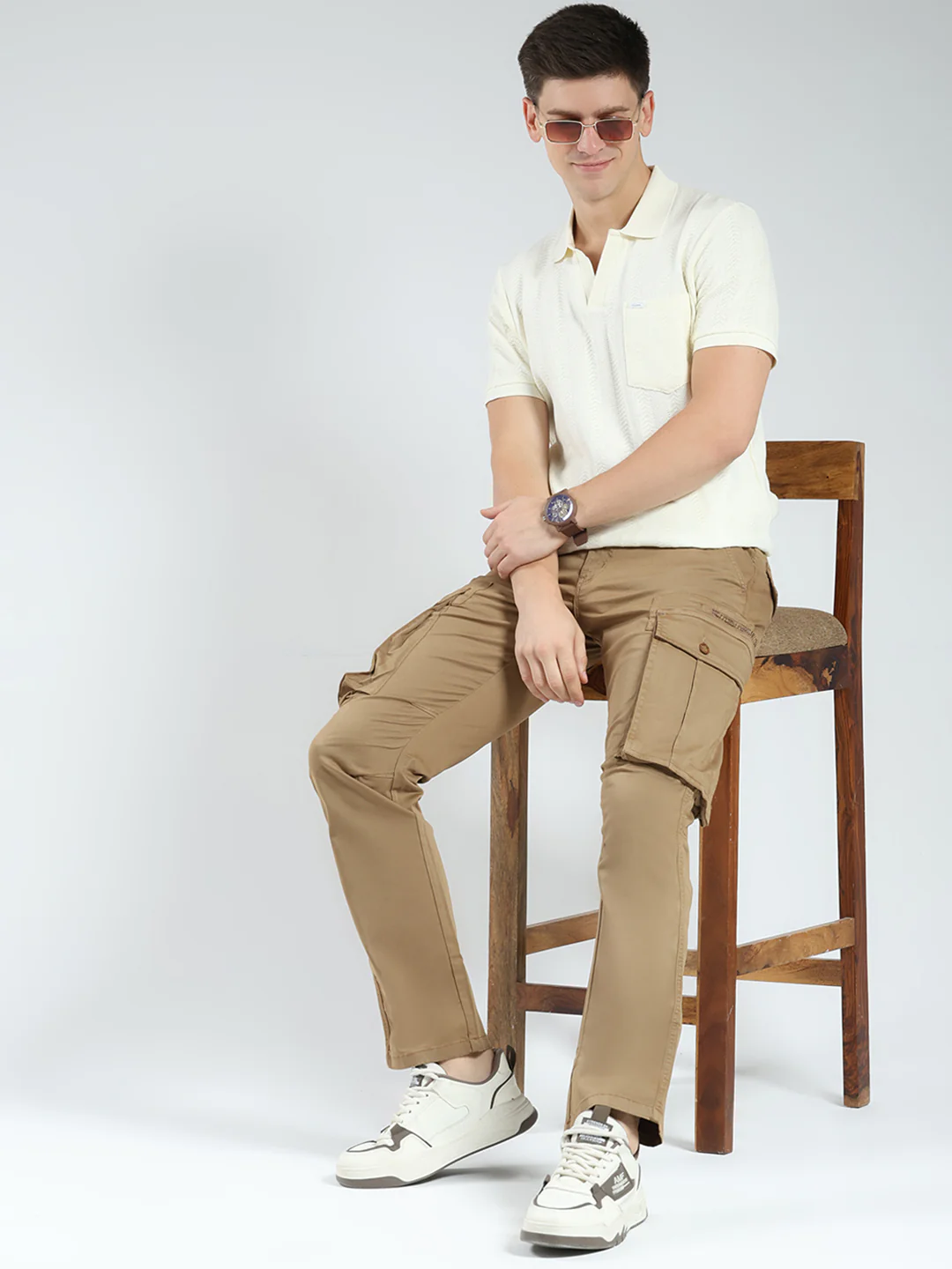 Men Khaki Solid Slim Fit Cargo - Image 2