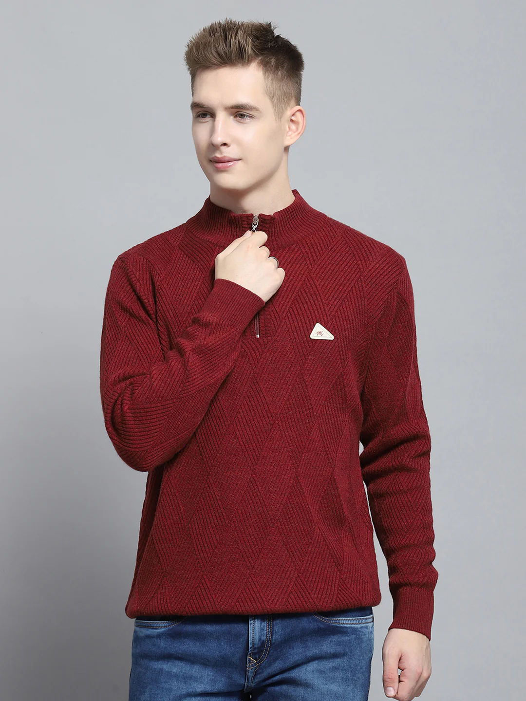 Men Maroon Self Design Mock Neck Full Sleeve Pullover