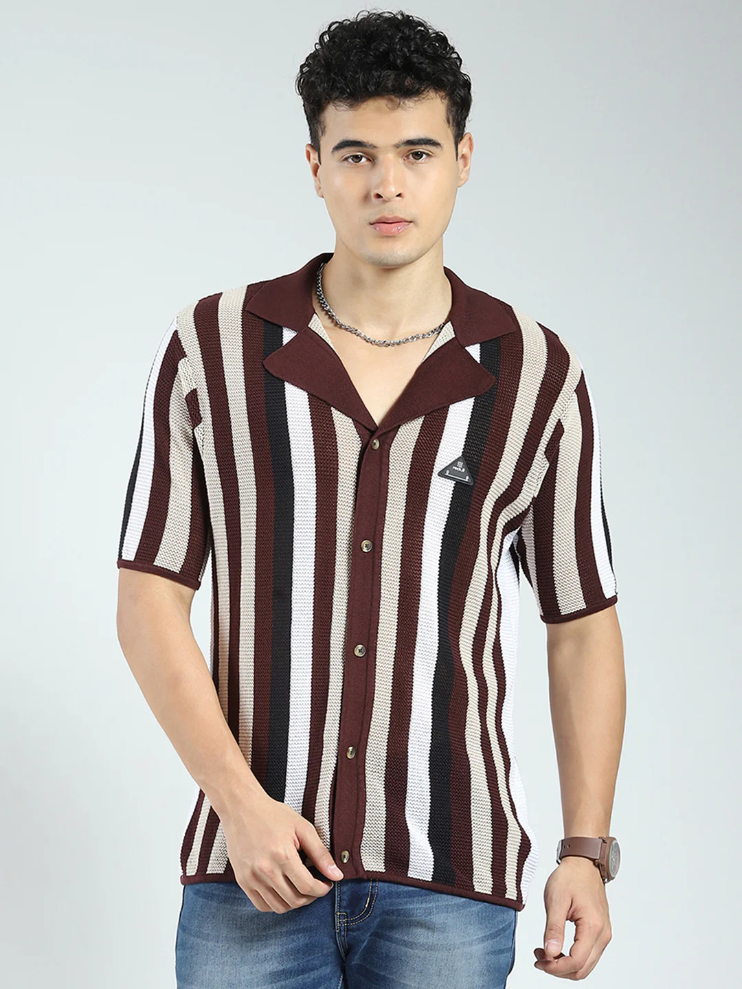 Rock.it Men Maroon Stripe Collar Half Sleeve Shirt