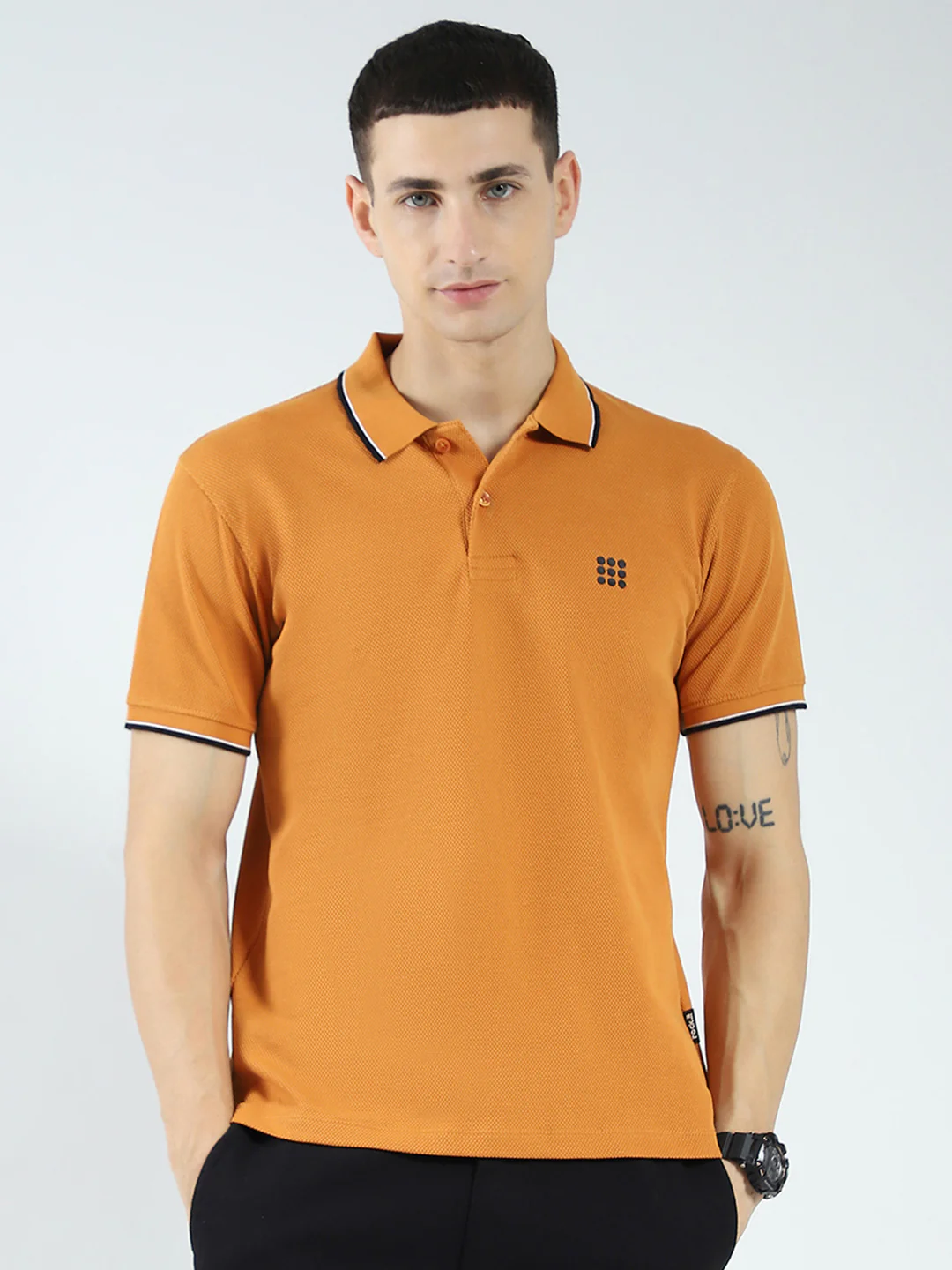 Rock.it Men Mustard Self Design Collar Half Sleeve T-Shirt