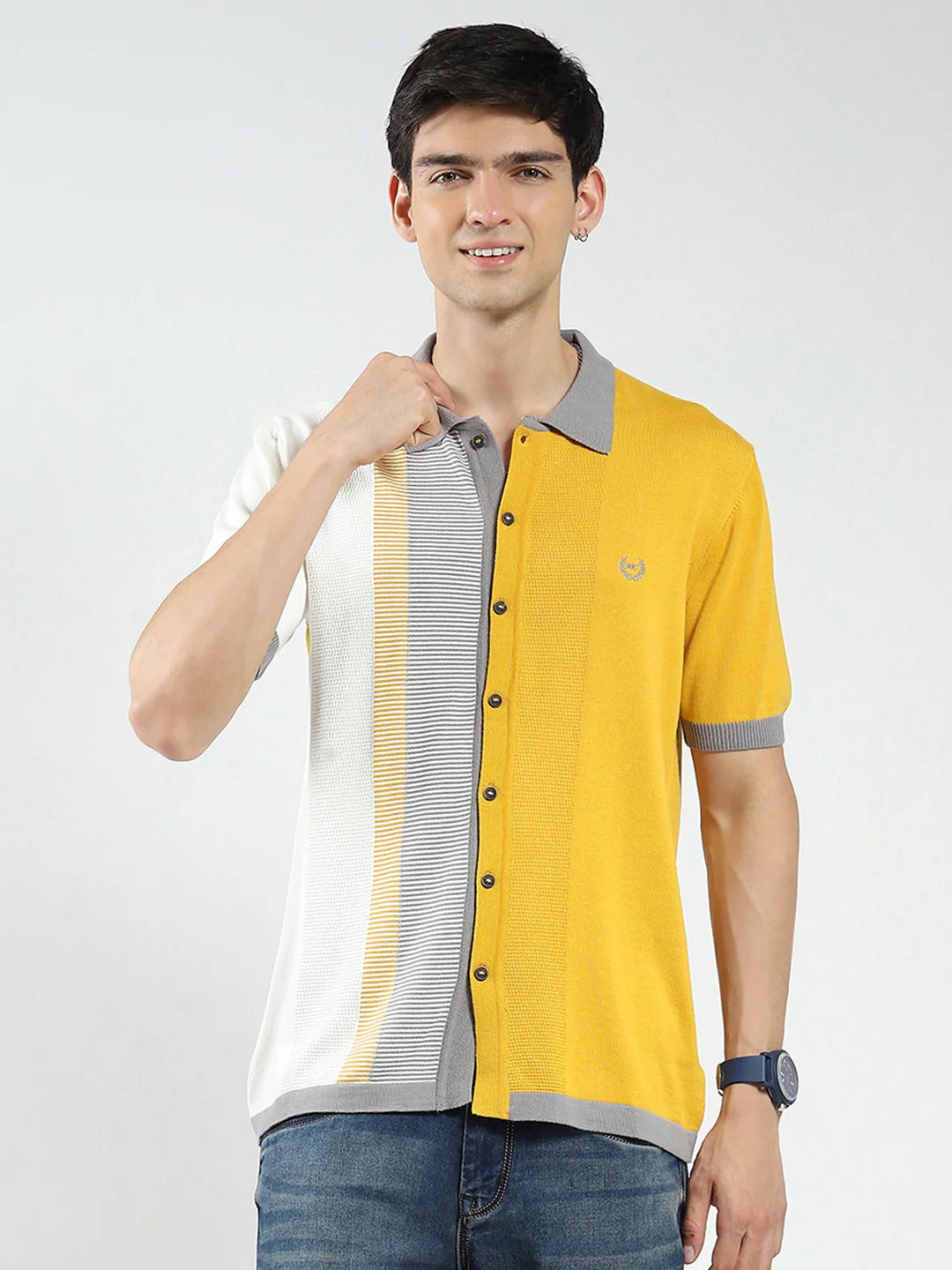 Men Mustard Self Design Collar Half Sleeve T-Shirt