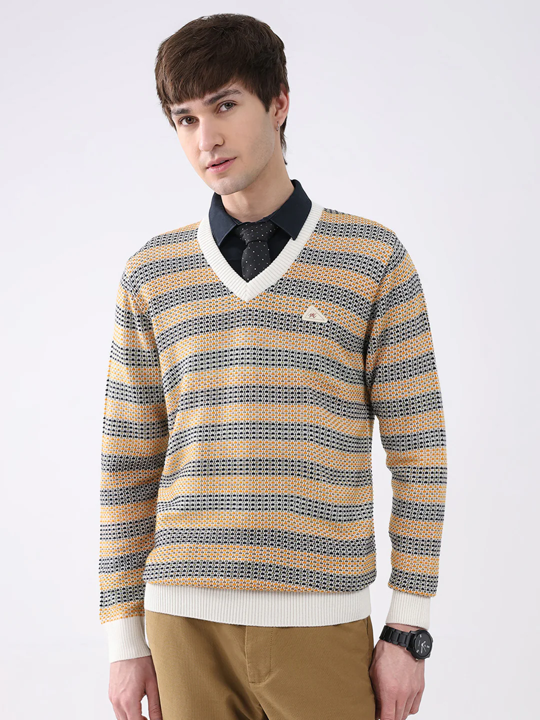 Men Mustard & White Self Design V Neck Full Sleeve Pullover
