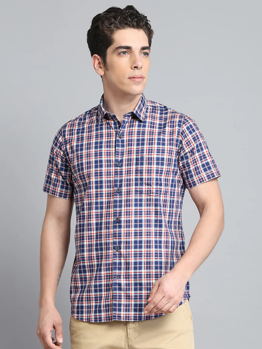 Men Navy Blue Check Collar Half Sleeve Shirt