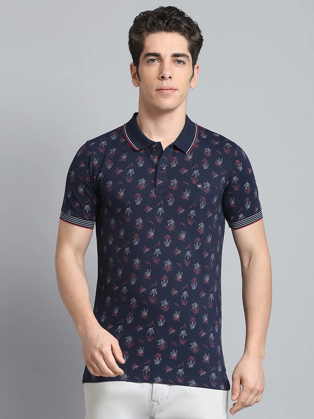 Men Navy Blue Printed Collar Half Sleeve T-Shirt