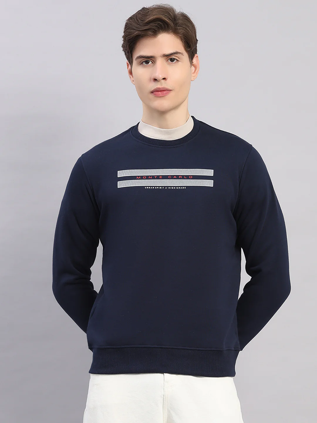 Men Navy Blue Printed Round Neck Full Sleeve Sweatshirt