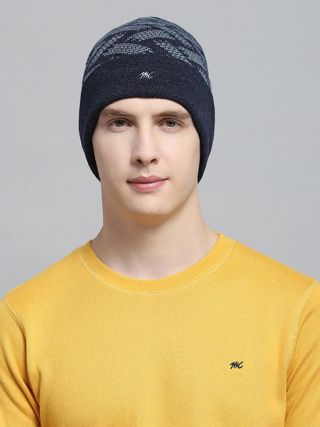 Men Navy Blue Self Design Cap