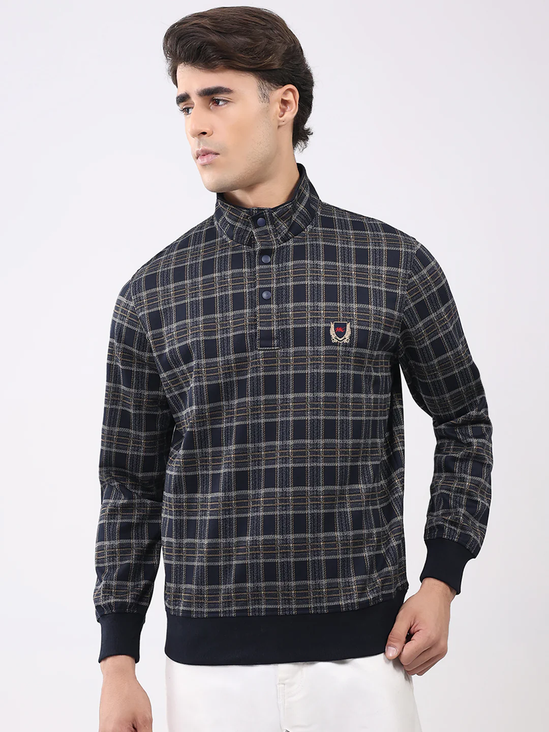 Men Navy Blue Self Design Mock Neck Full Sleeve Winter T-Shirt