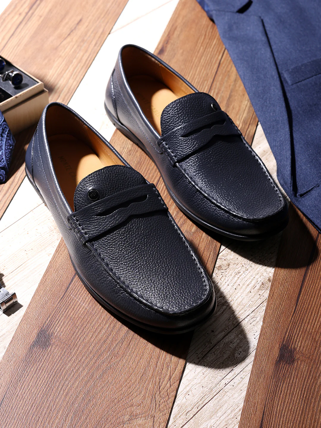 Men Navy Blue Slip on Genuine Leather Loafers