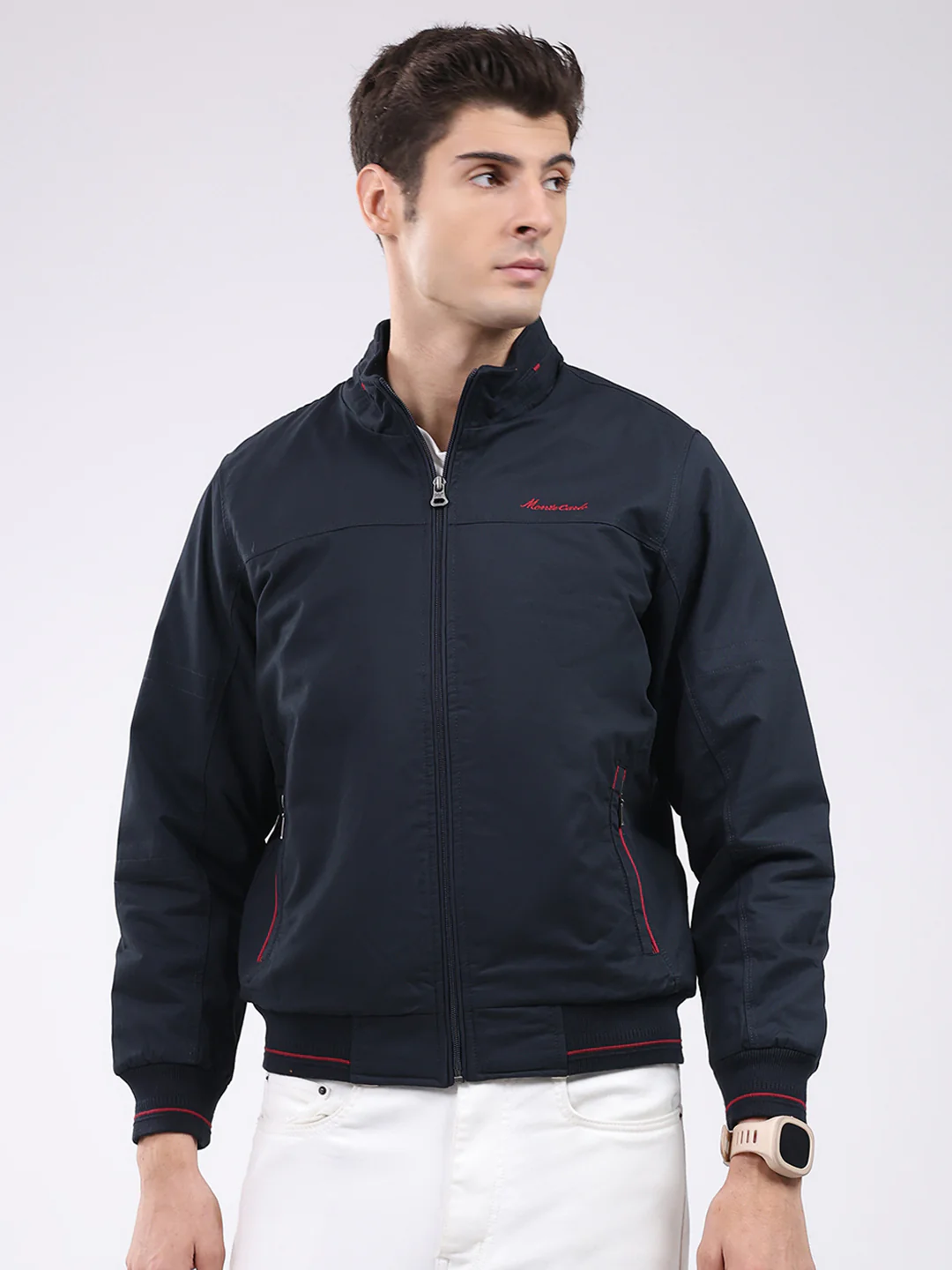 Men Navy Blue Solid Collar Full Sleeve Jacket