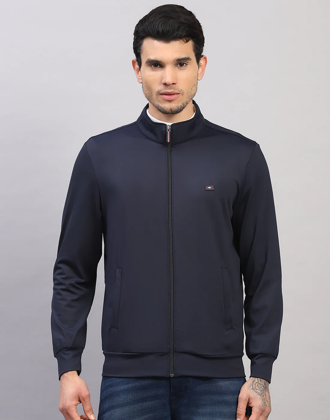 Men Navy Blue Solid Collar Full Sleeve Sweatshirt