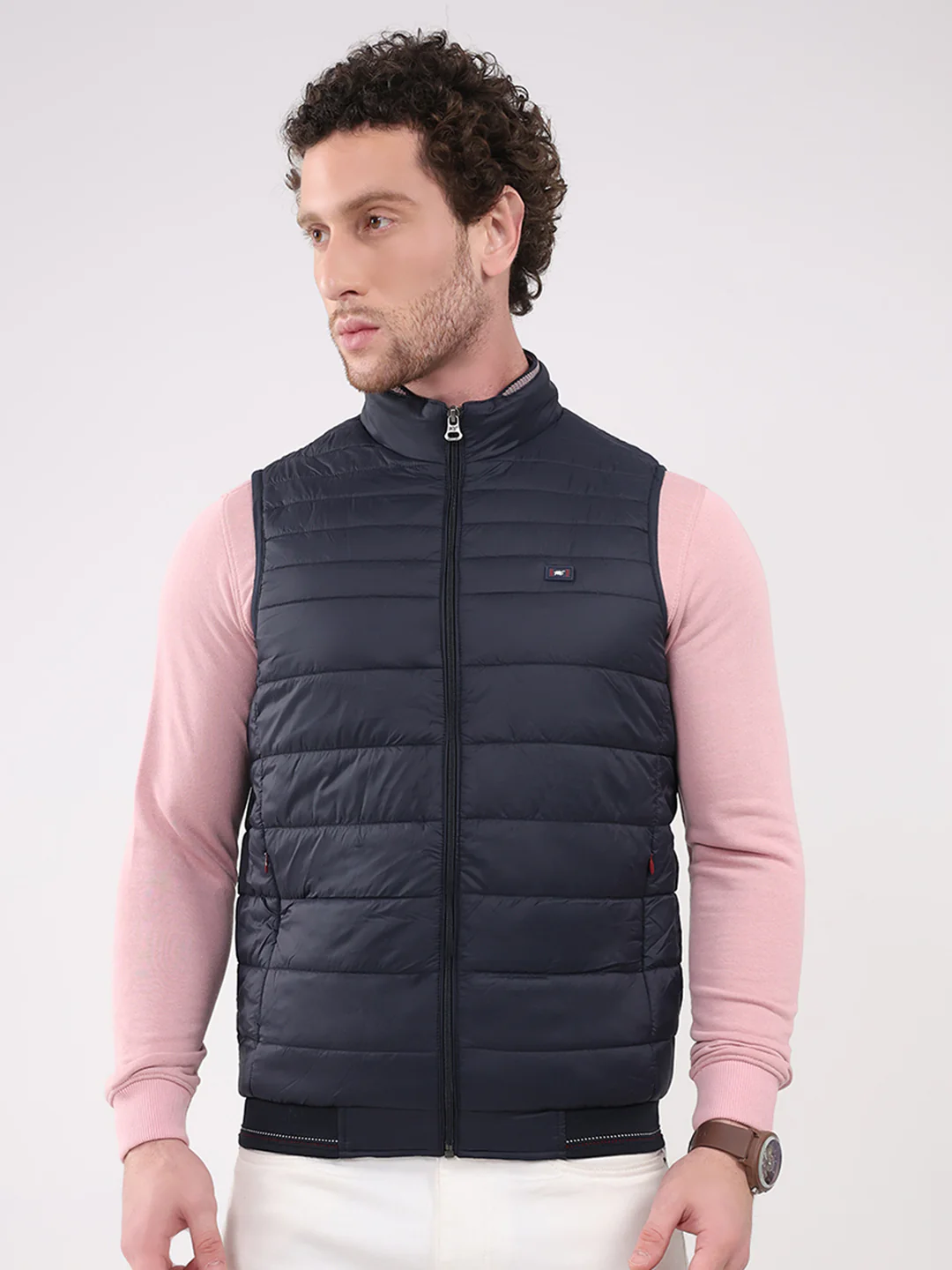 Men Navy Blue Solid Collar Sleeveless Jacket