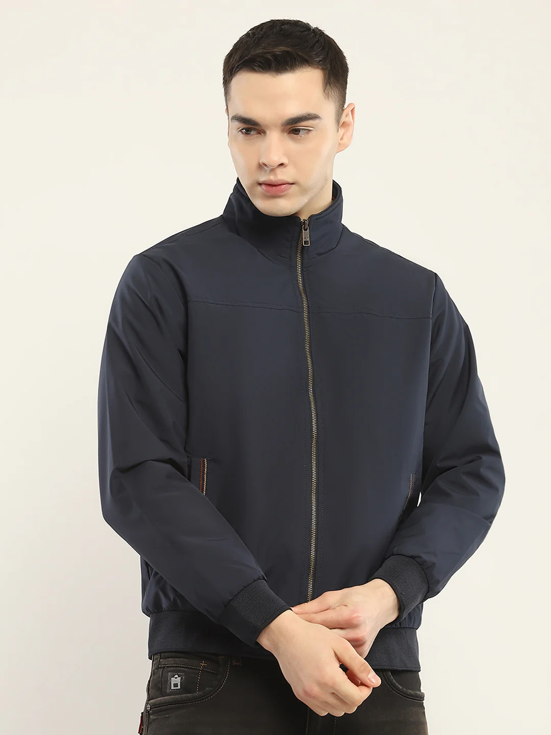 Men Navy Blue Solid Mock Neck Full Sleeve Jacket