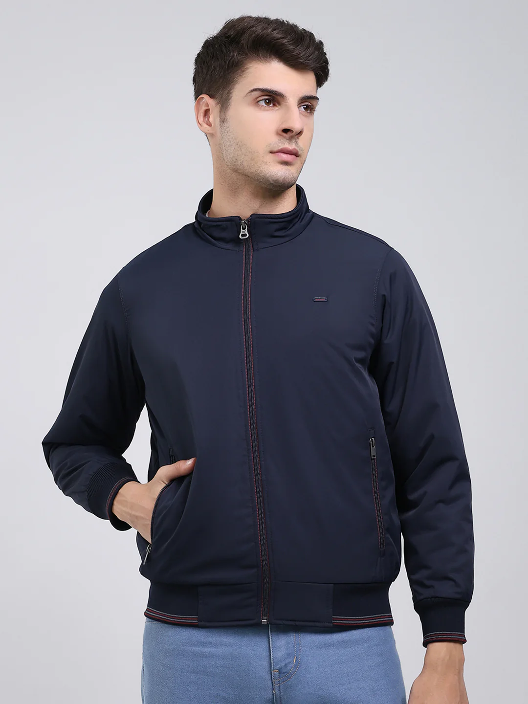 Men Navy Blue Solid Mock Neck Full Sleeve Jacket