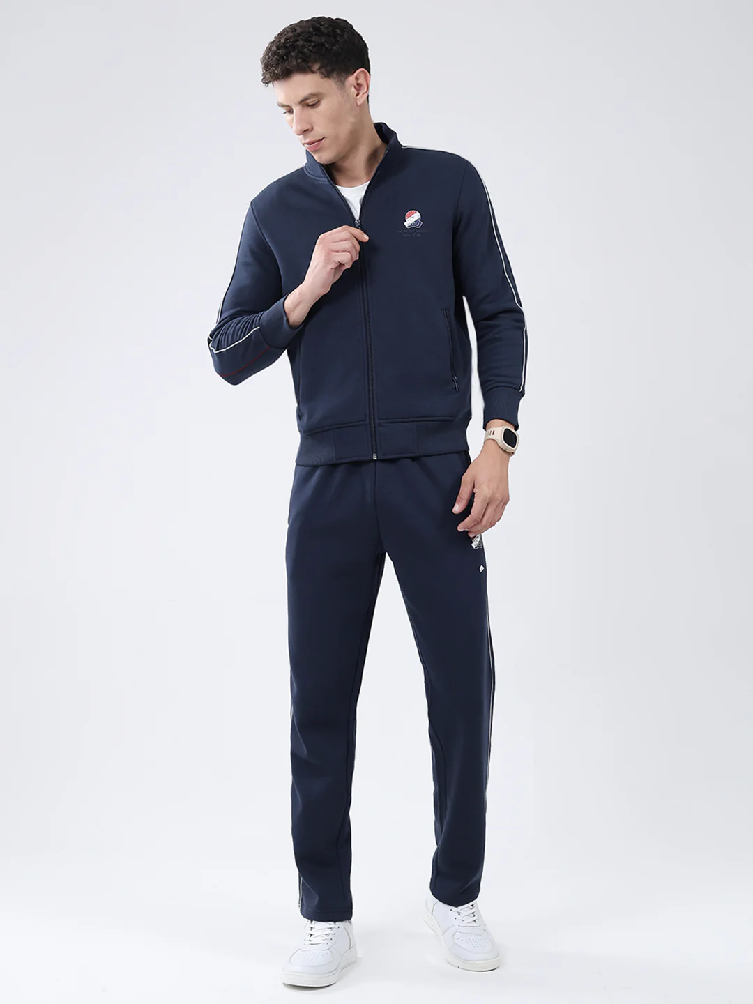 Men Navy Blue Solid Mock Neck Full Sleeve Winter Tracksuit