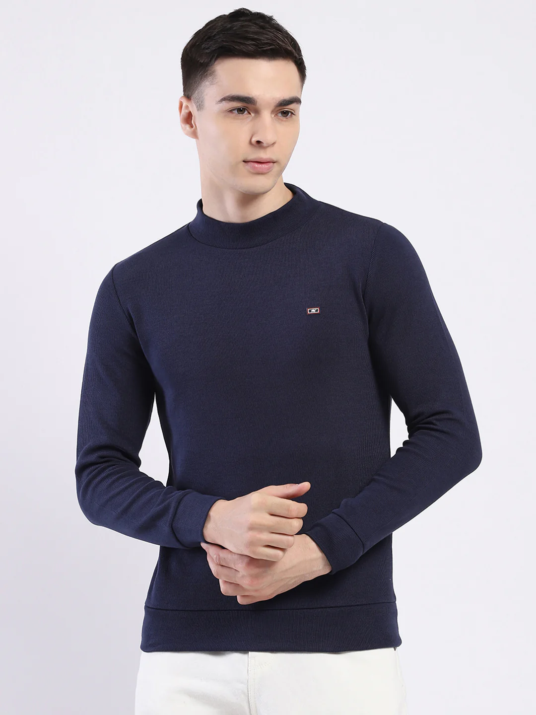 Men Navy Blue Solid Round Neck Full Sleeve Winter T-Shirt
