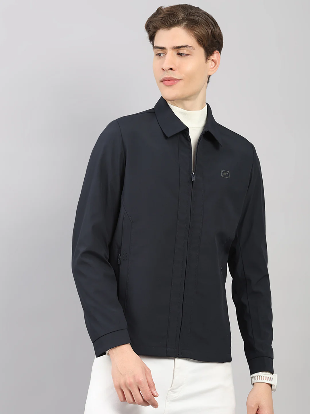 Men Navy Blue Solid Stand Collar Full Sleeve Jacket