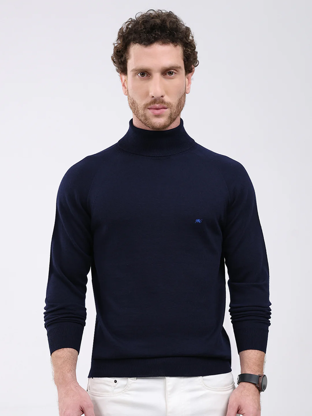 Men Navy Blue Solid Turtle Neck Full Sleeve Pullover