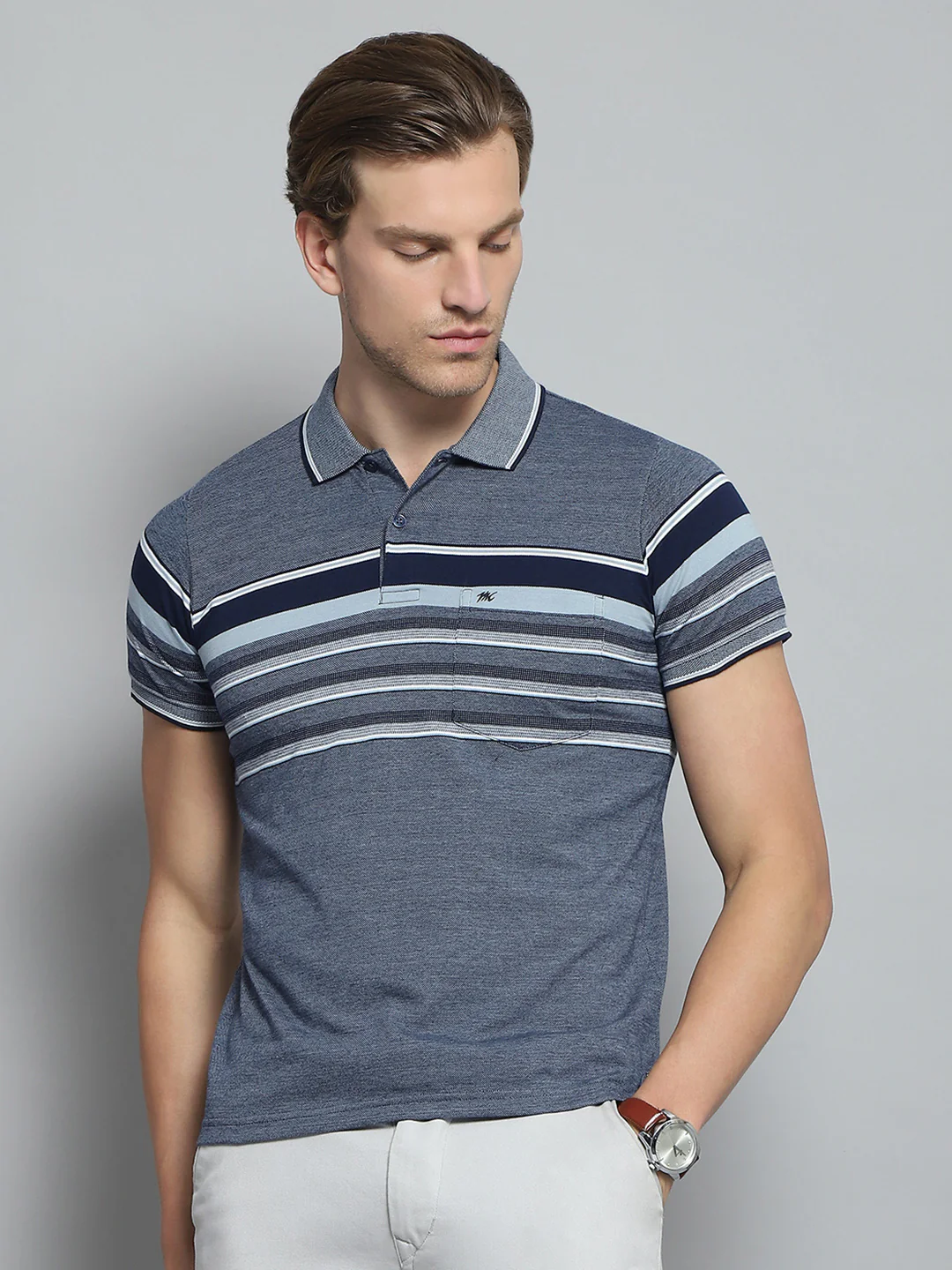 Men Navy Blue Stripe Collar Half Sleeve T-Shirt