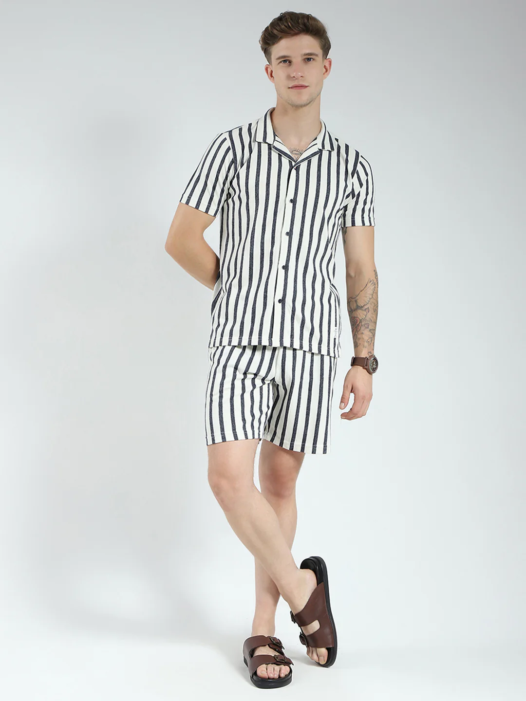 Men Off White Printed Collar Half Sleeve Bermuda Set