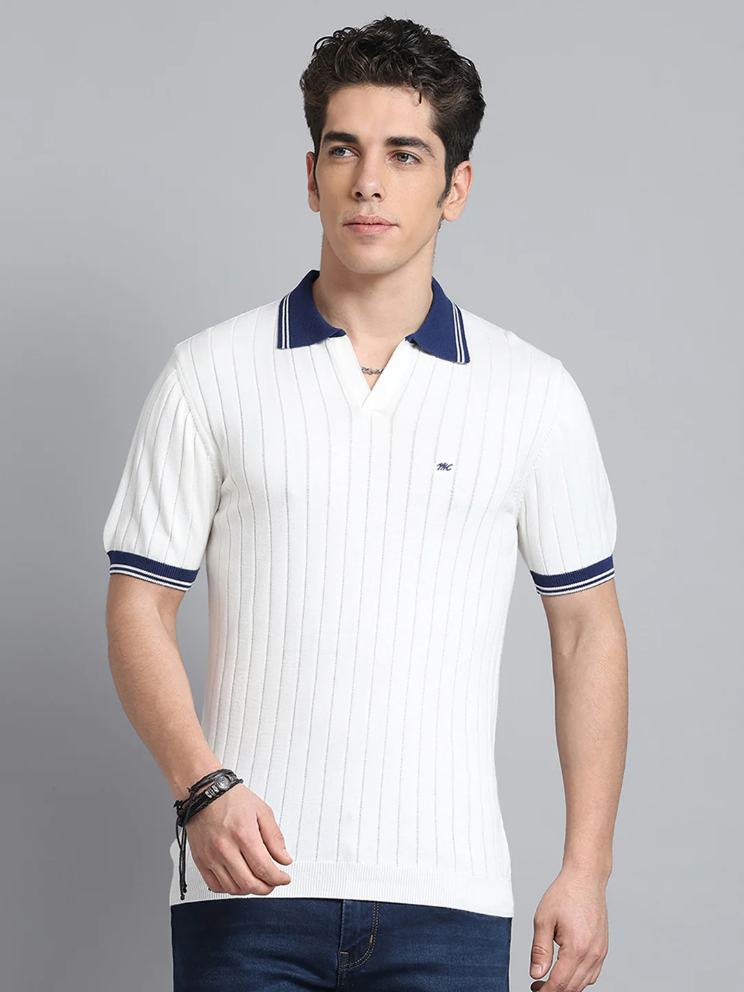 Men Off White Self Design Collar Half Sleeve T-Shirt