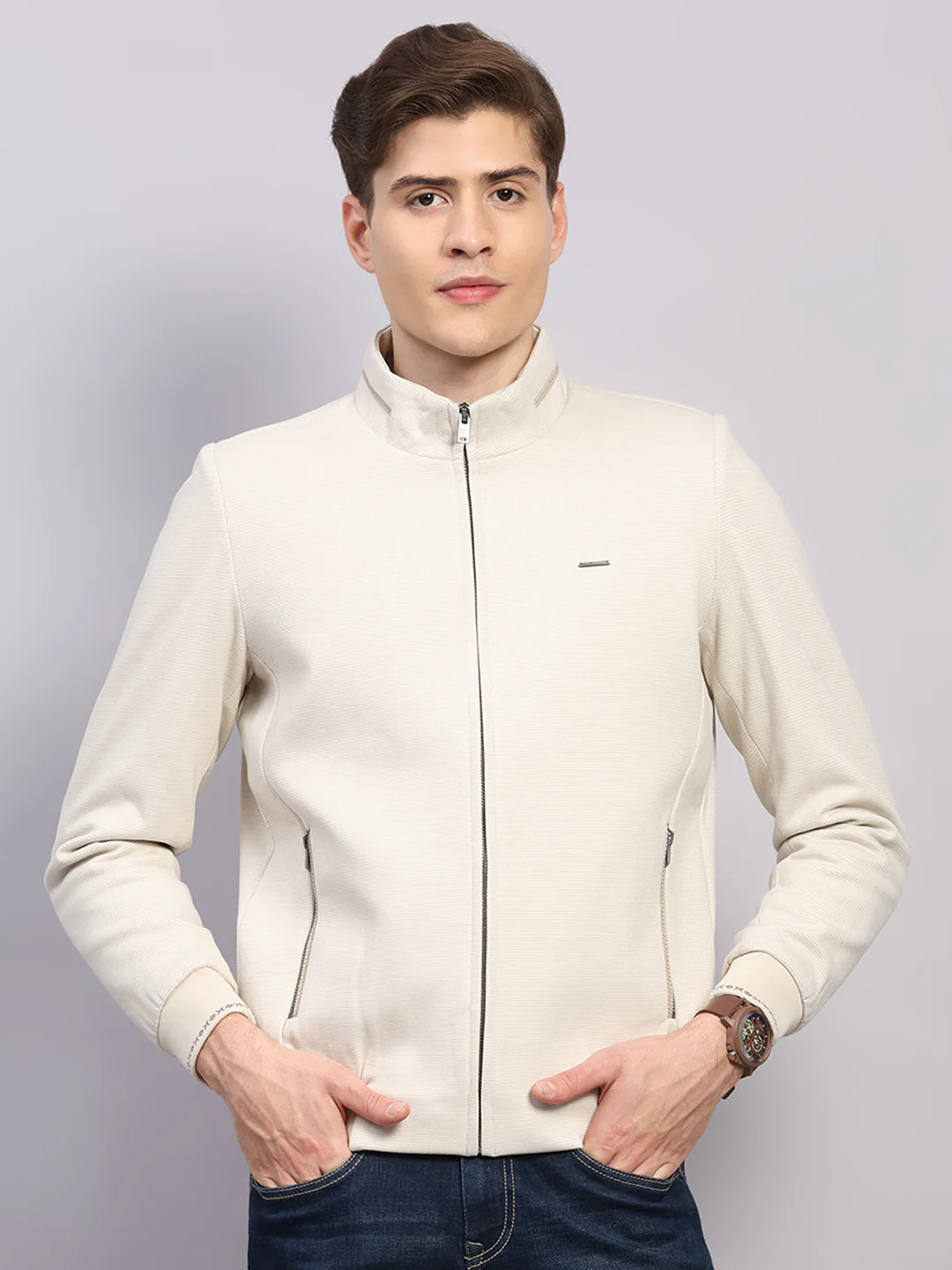 Men Off White Solid Mock Neck Full Sleeve Jacket