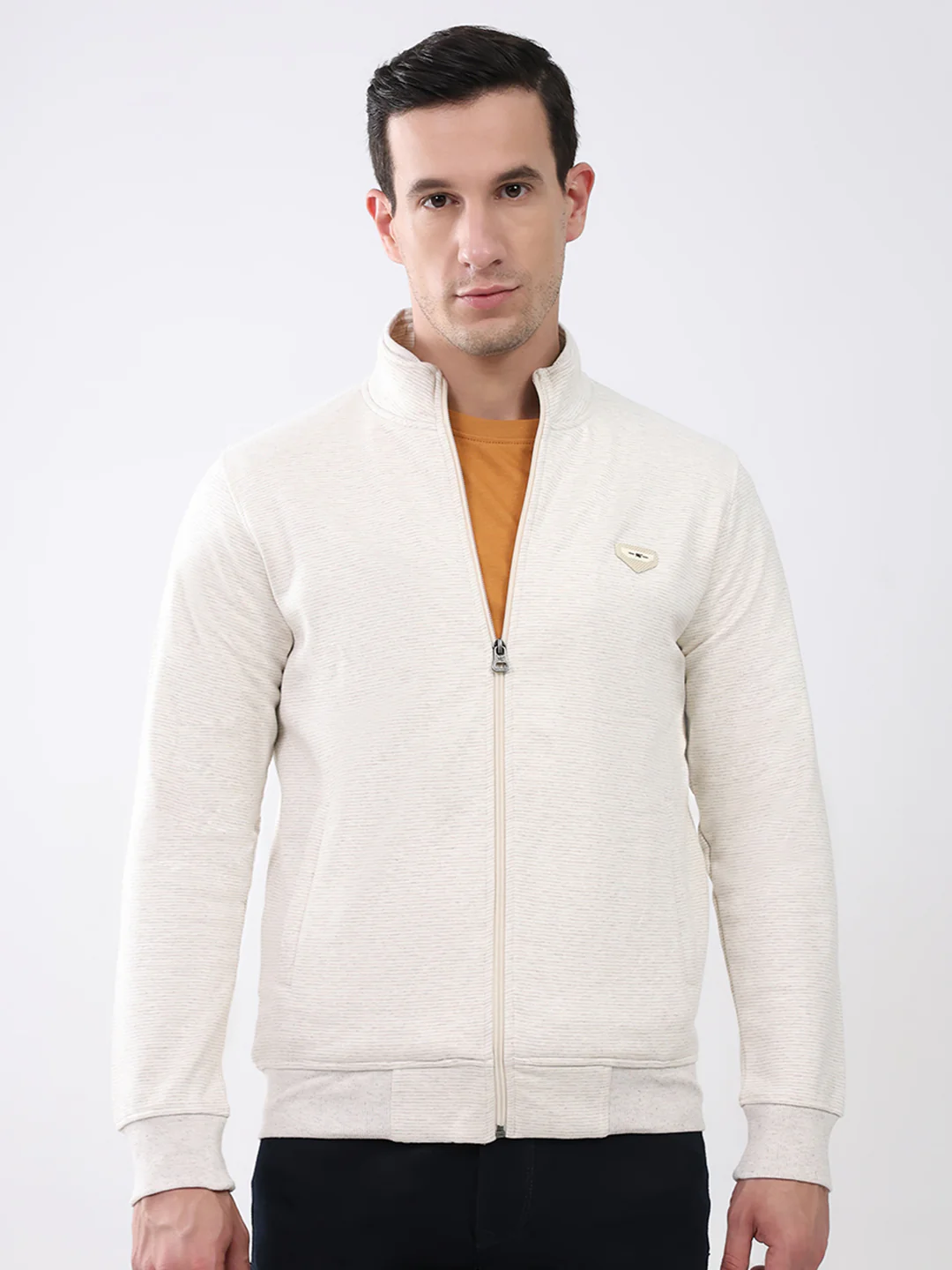 Men Off White Solid Mock Neck Full Sleeve Sweatshirt