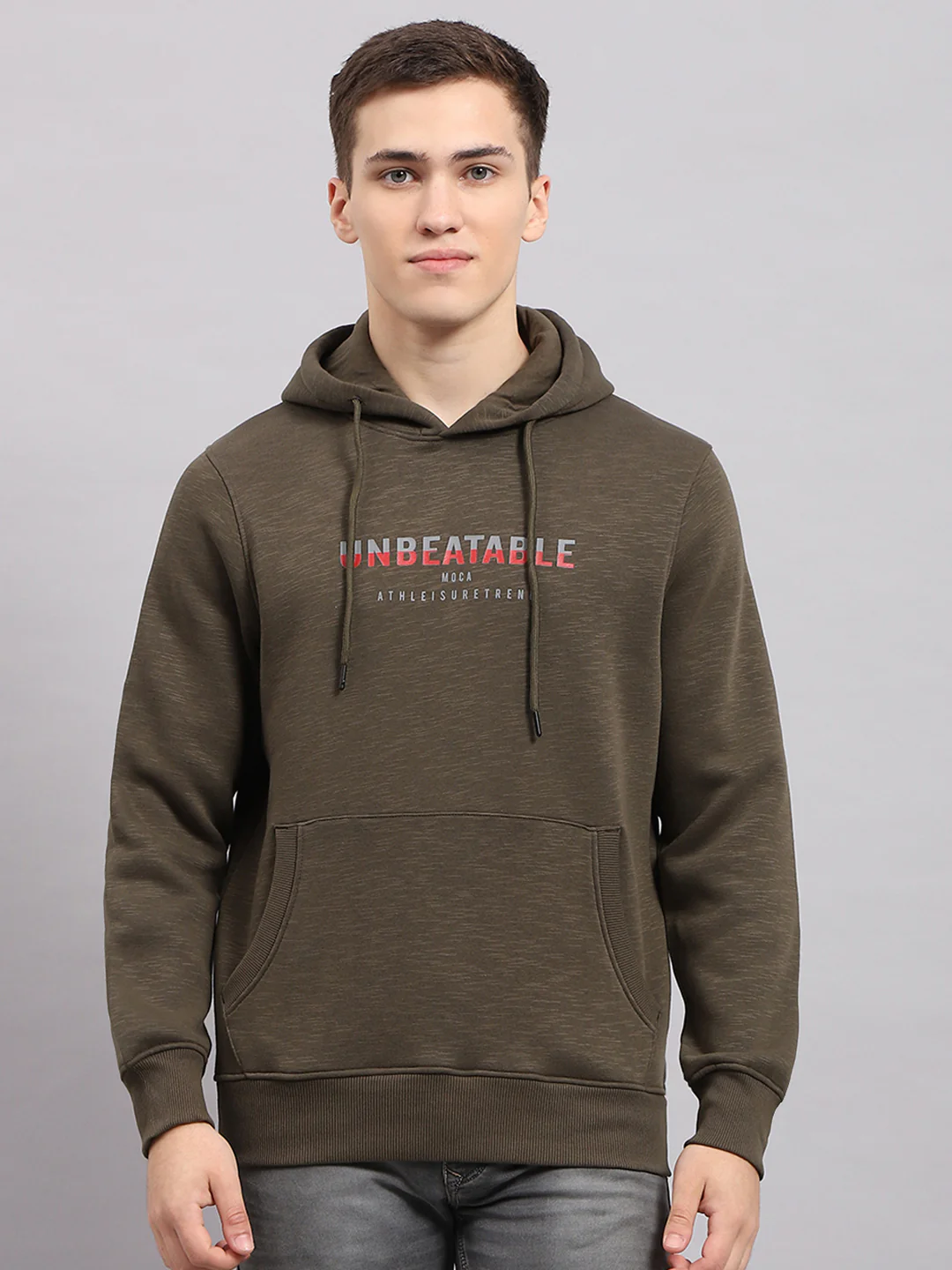 Men Olive Printed Hooded Full Sleeve Sweatshirt