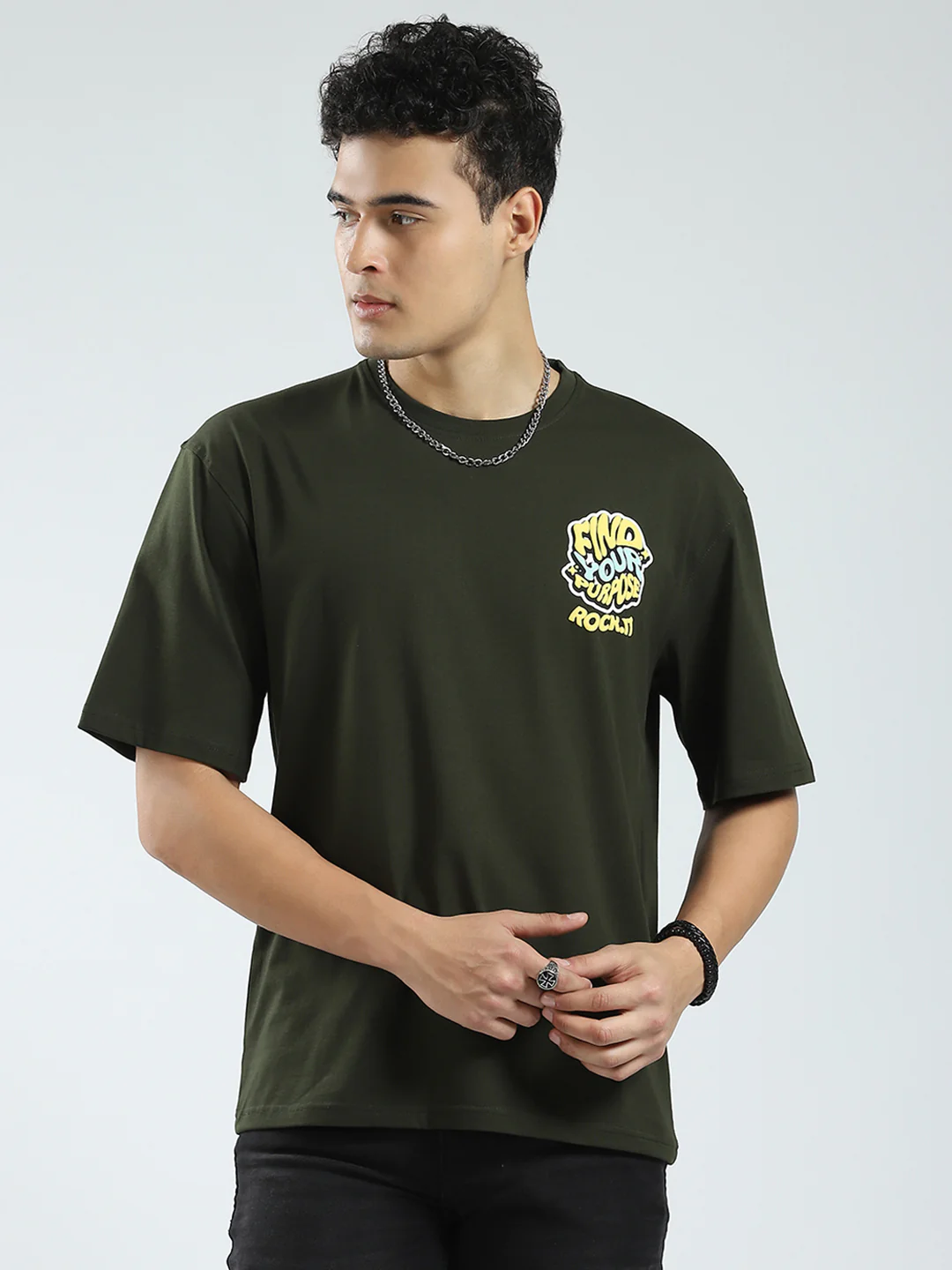 Rock.it Men Olive Printed Round Neck Half Sleeve T-Shirt
