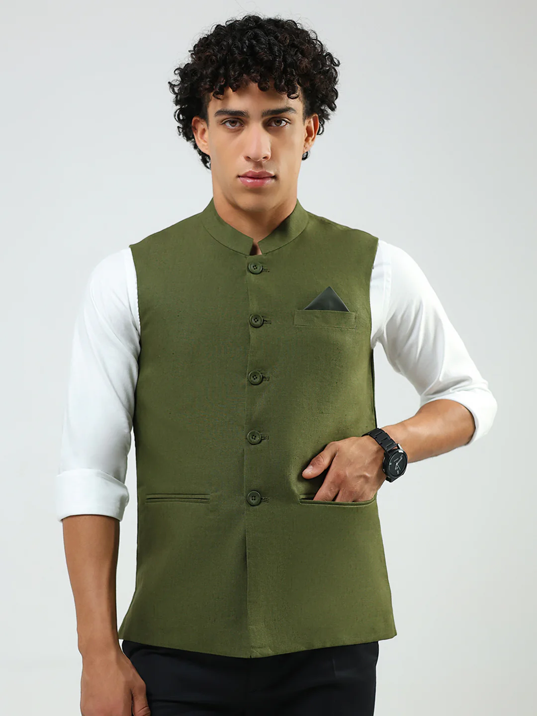 Men Olive Solid Band Neck Sleeveless Nehru Jacket