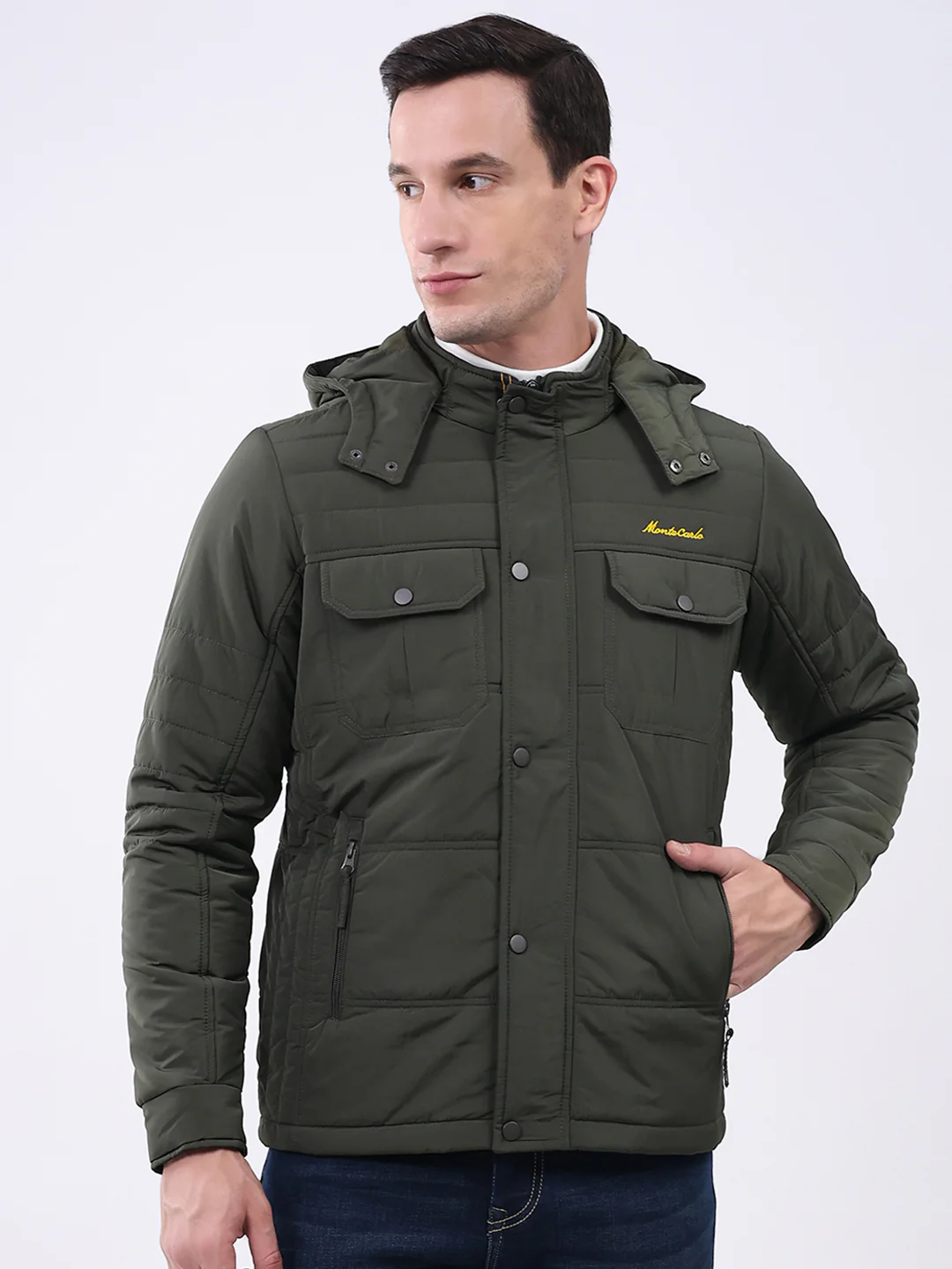 Men Olive Solid Hooded Full Sleeve Jacket