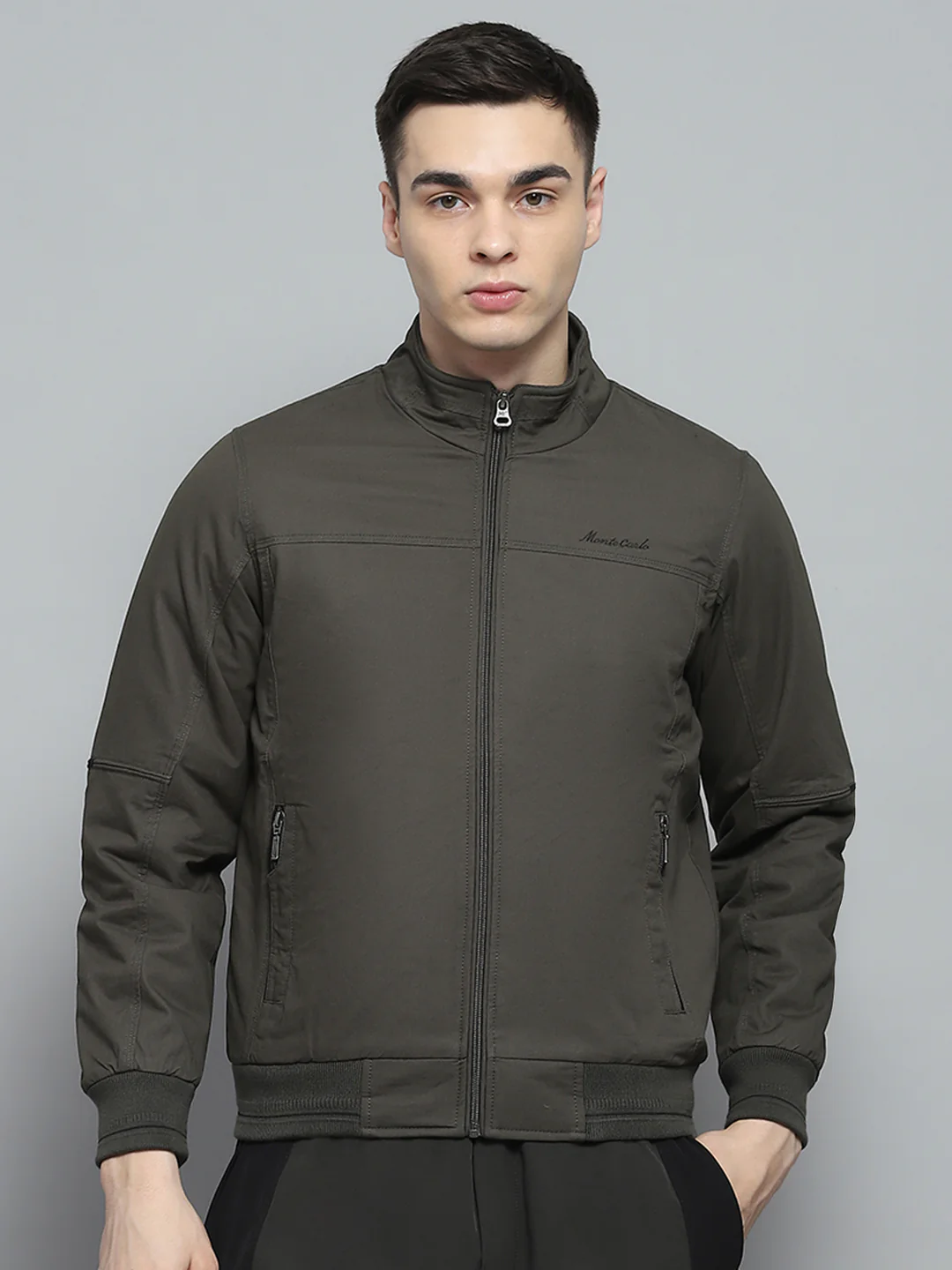 Men Olive Solid Mock Neck Full Sleeve Jacket