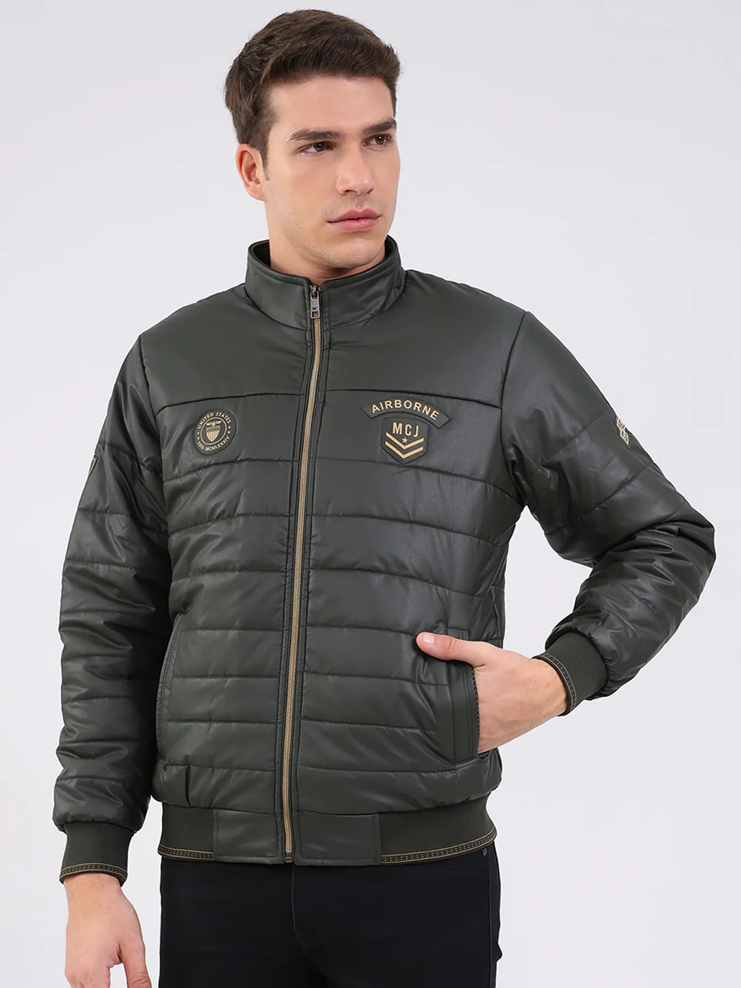 Men Olive Solid Mock Neck Full Sleeve Jacket