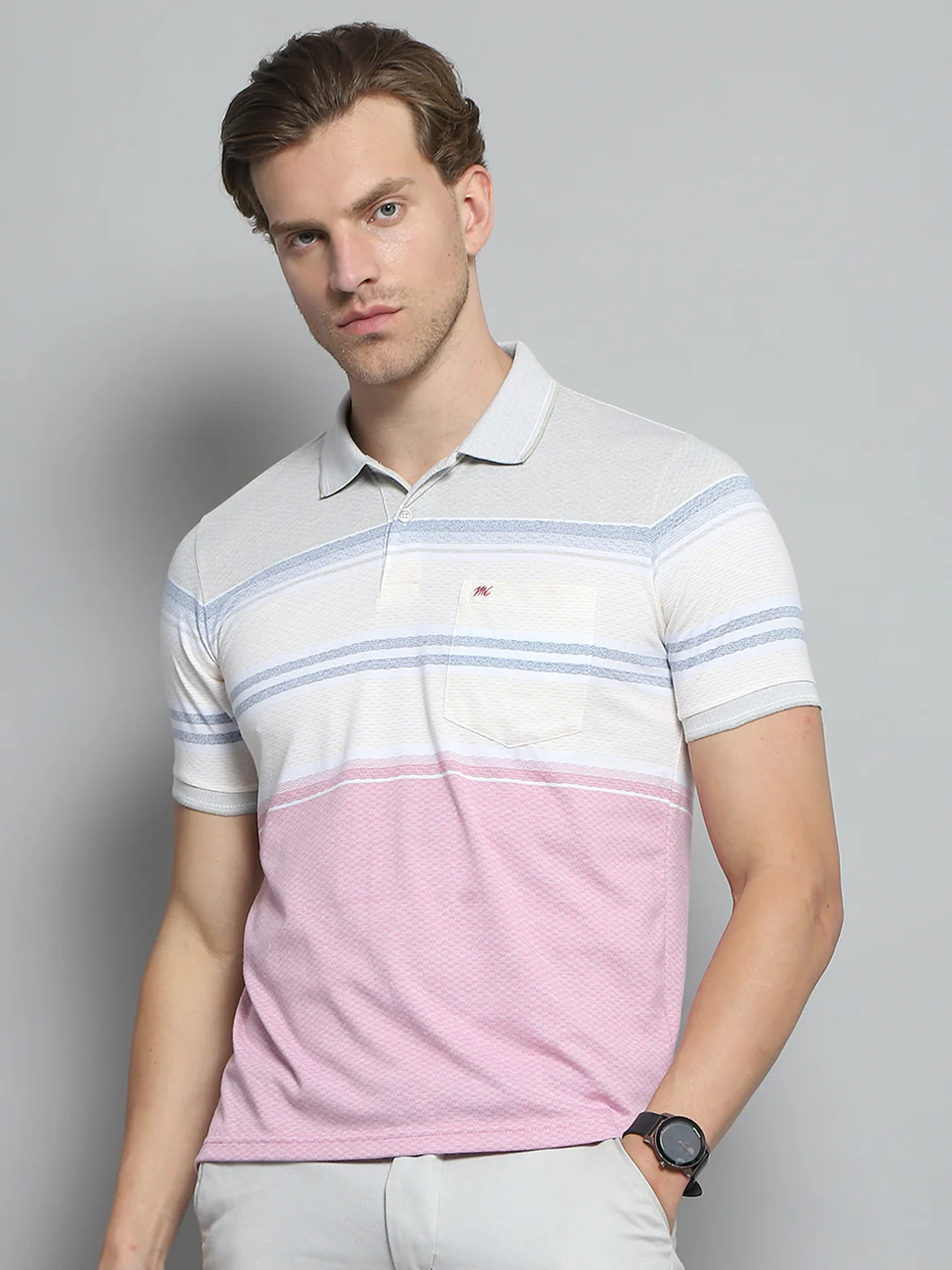 Men Pink Stripe Collar Half Sleeve T-Shirt