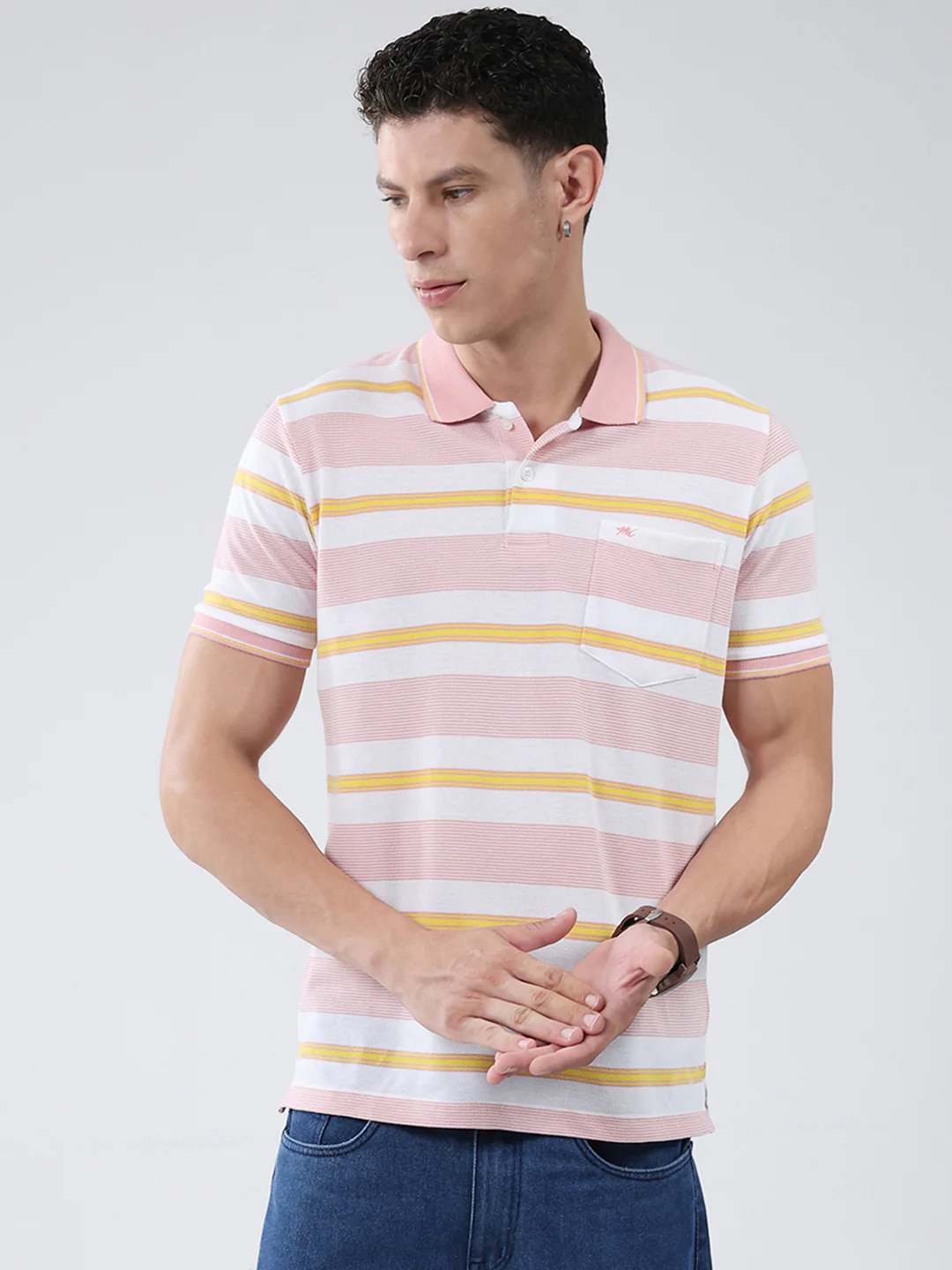 Men Pink Stripe Collar Half Sleeve T-Shirt