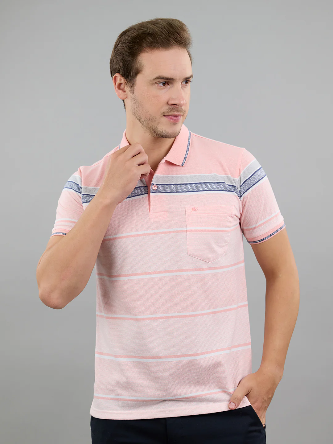 Men Pink Stripe Polo Collar Half Sleeve T-Shirt