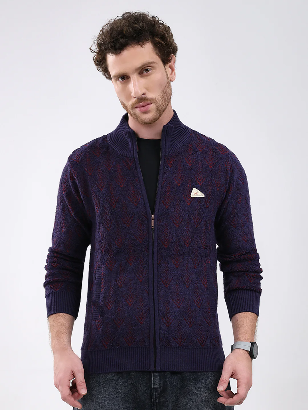 Men Purple Self Design Mock Neck Full Sleeve Pullover