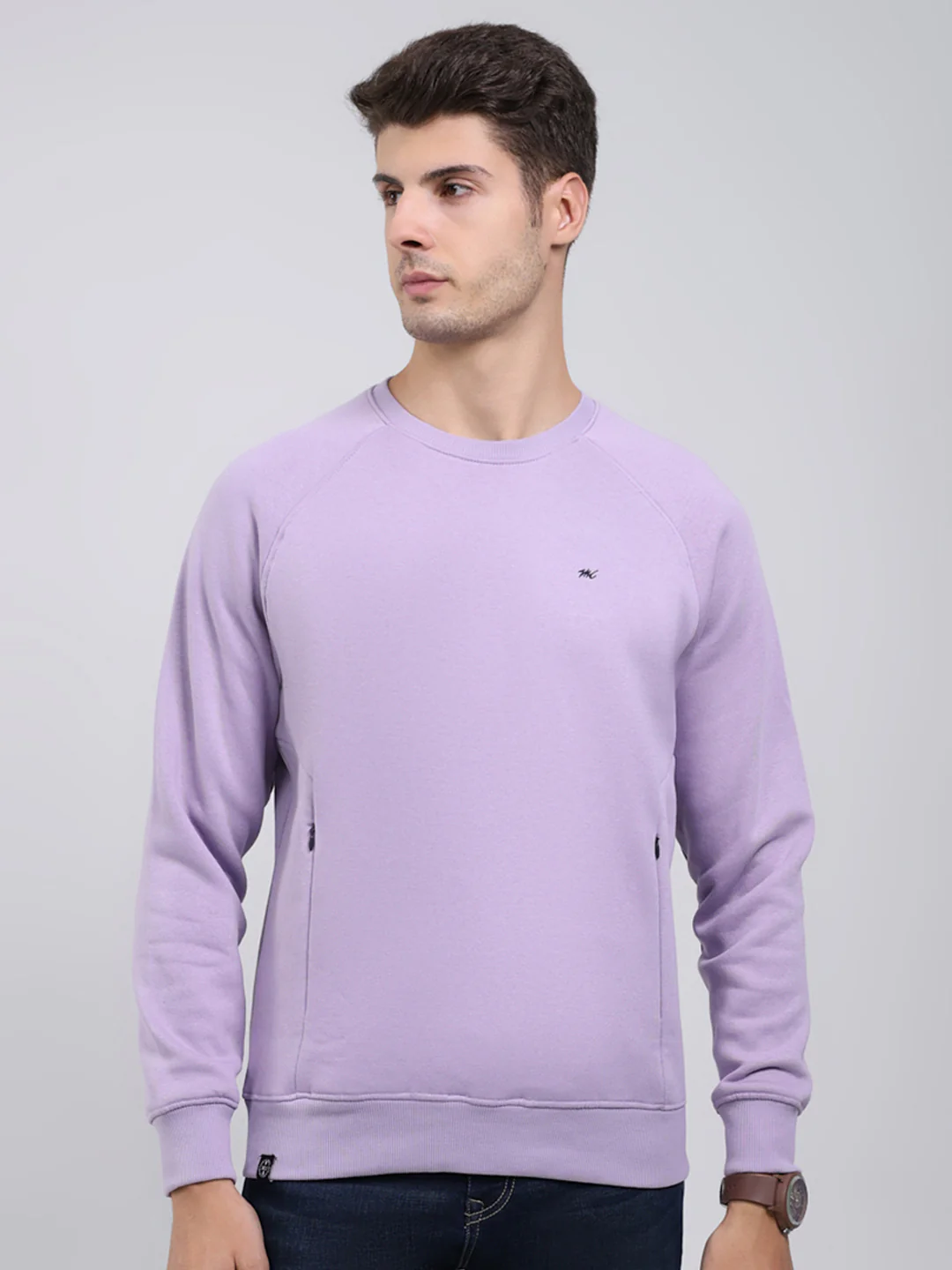 Men Purple Solid Round Neck Full Sleeve Sweatshirt