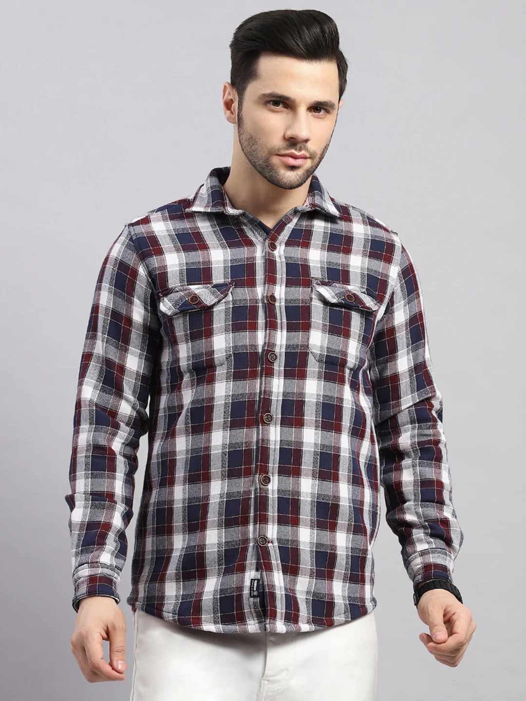 Men Red Check Collar Full Sleeve Shirt