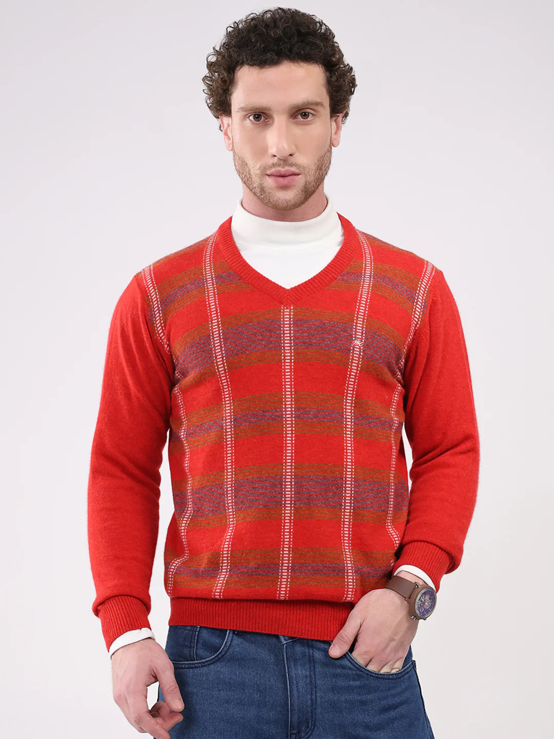 Men Red Printed V Neck Full Sleeve Pullover