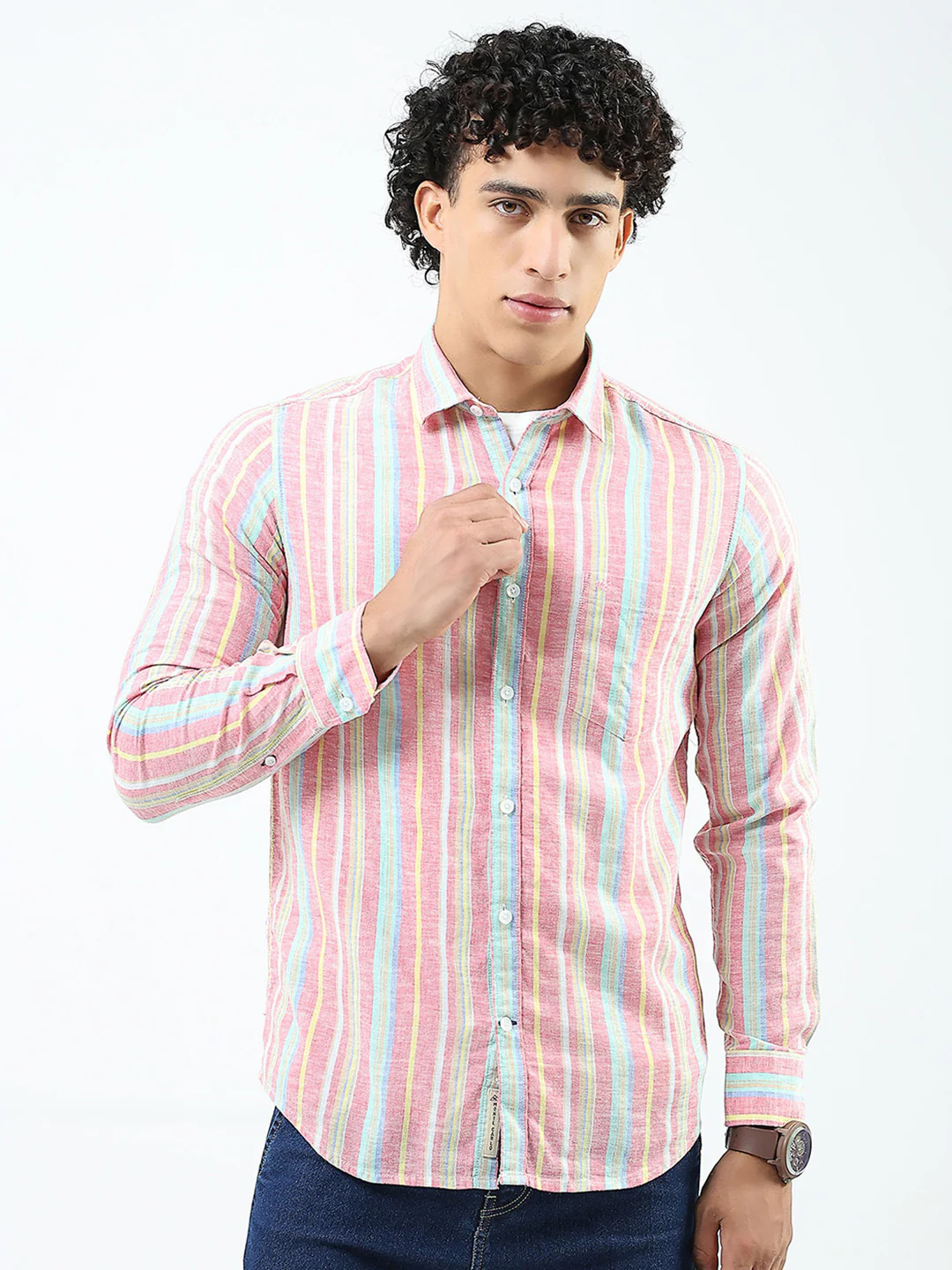 Men Red Stripe Collar Full Sleeve Linen Shirt