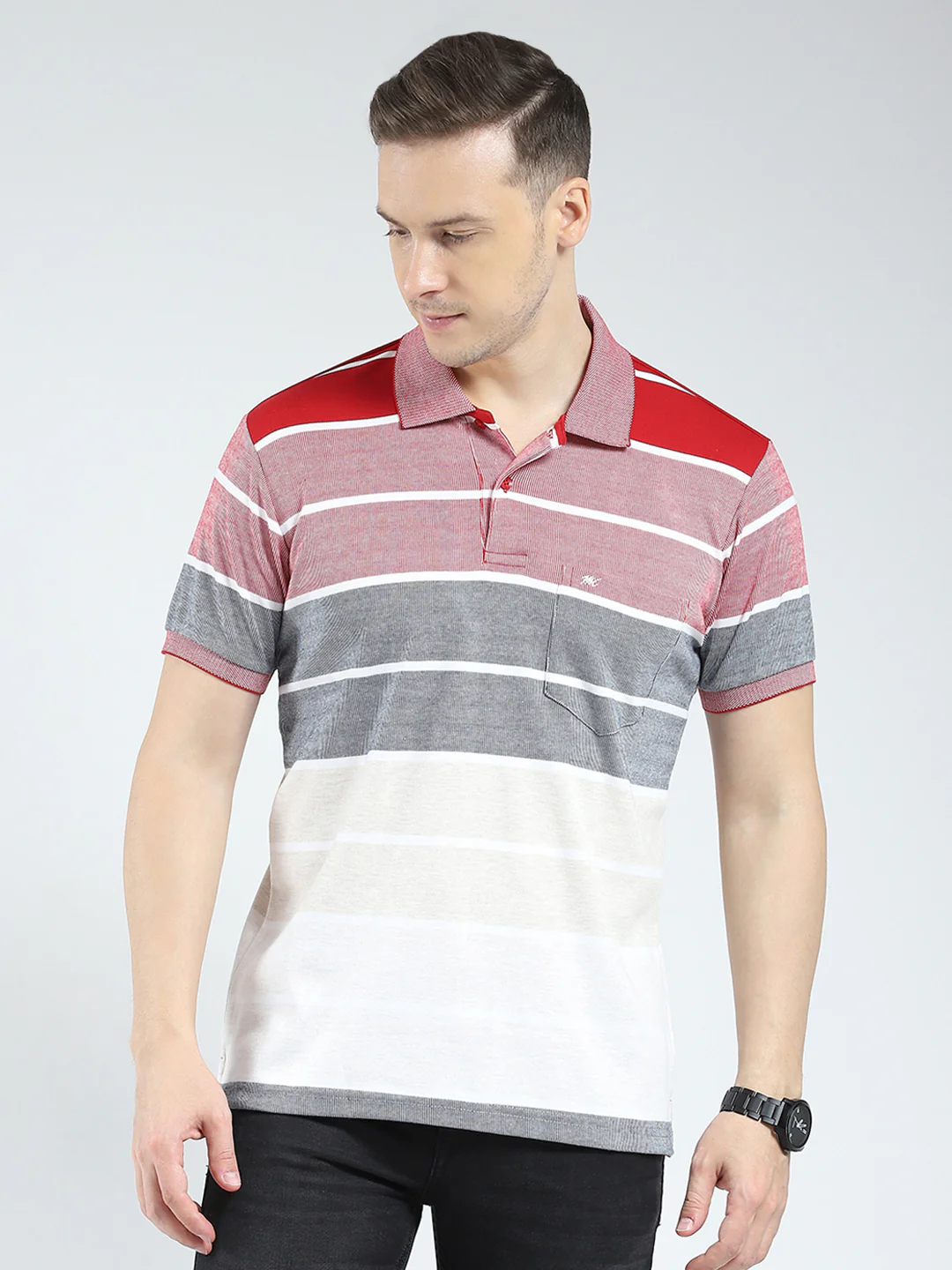 Men Red Stripe Collar Half Sleeve T-Shirt
