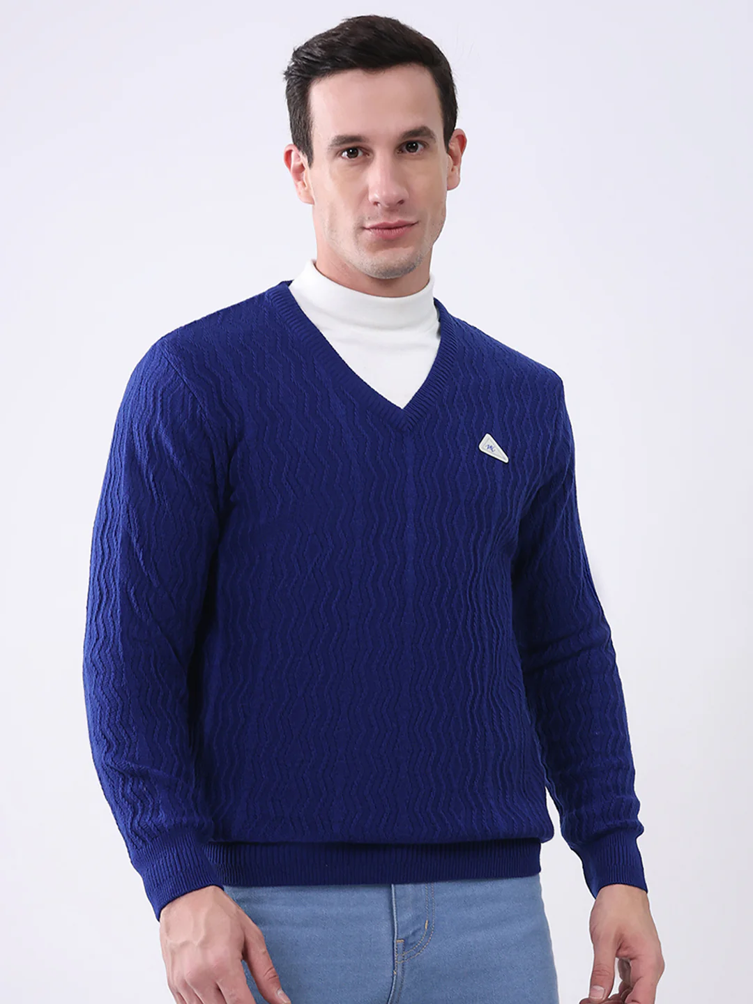 Men Royal Blue Self Design V Neck Full Sleeve Pullover