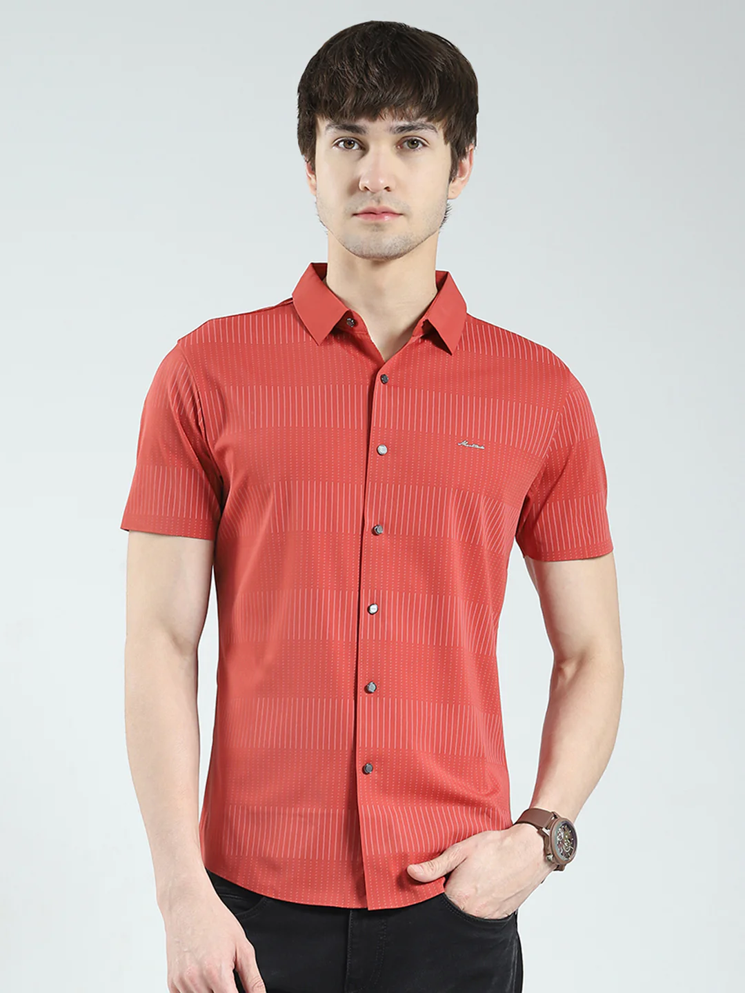 Men Rust Printed Collar Half Sleeve Shirt