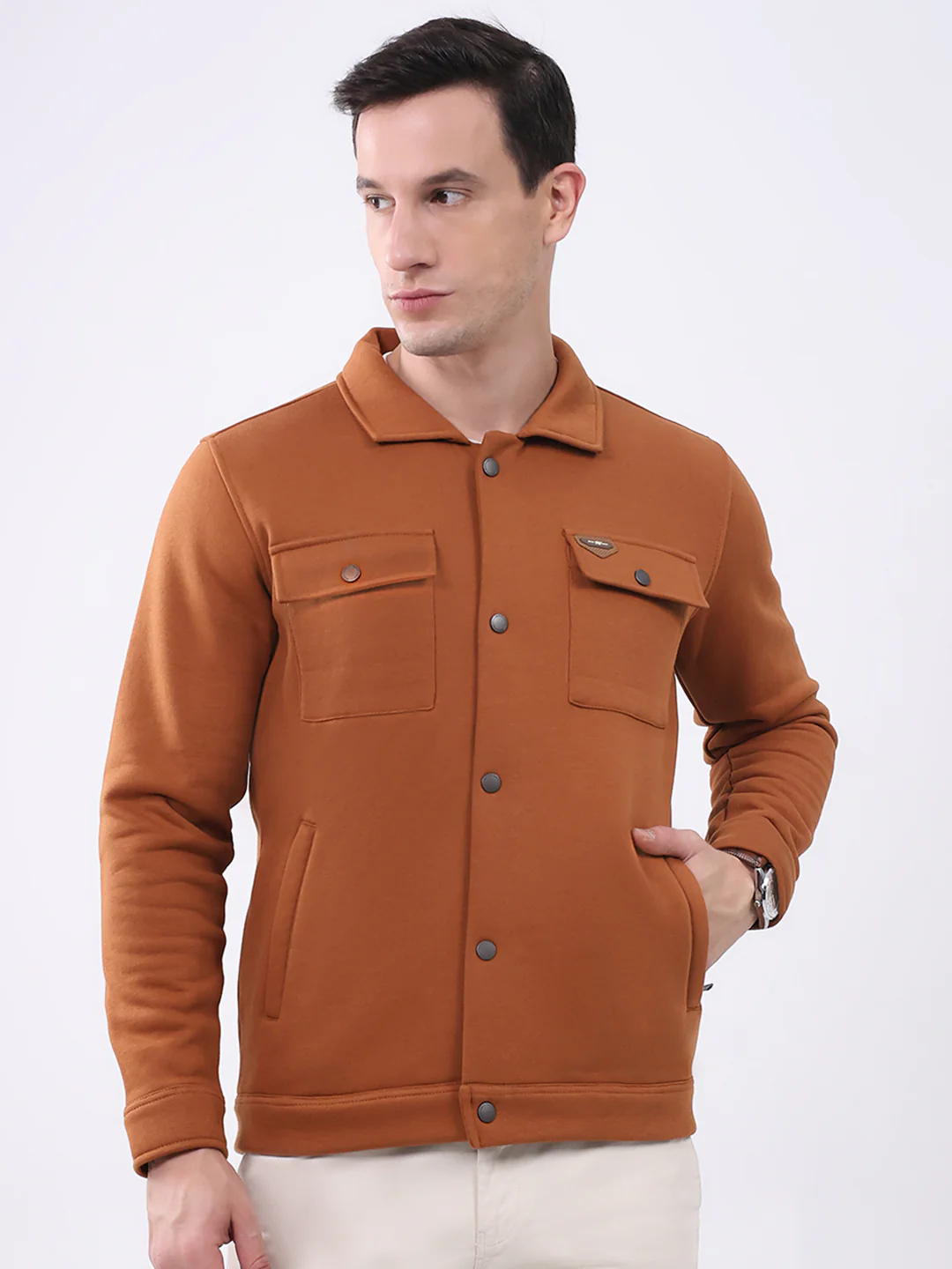 Men Rust Solid Collar Full Sleeve Sweatshirt