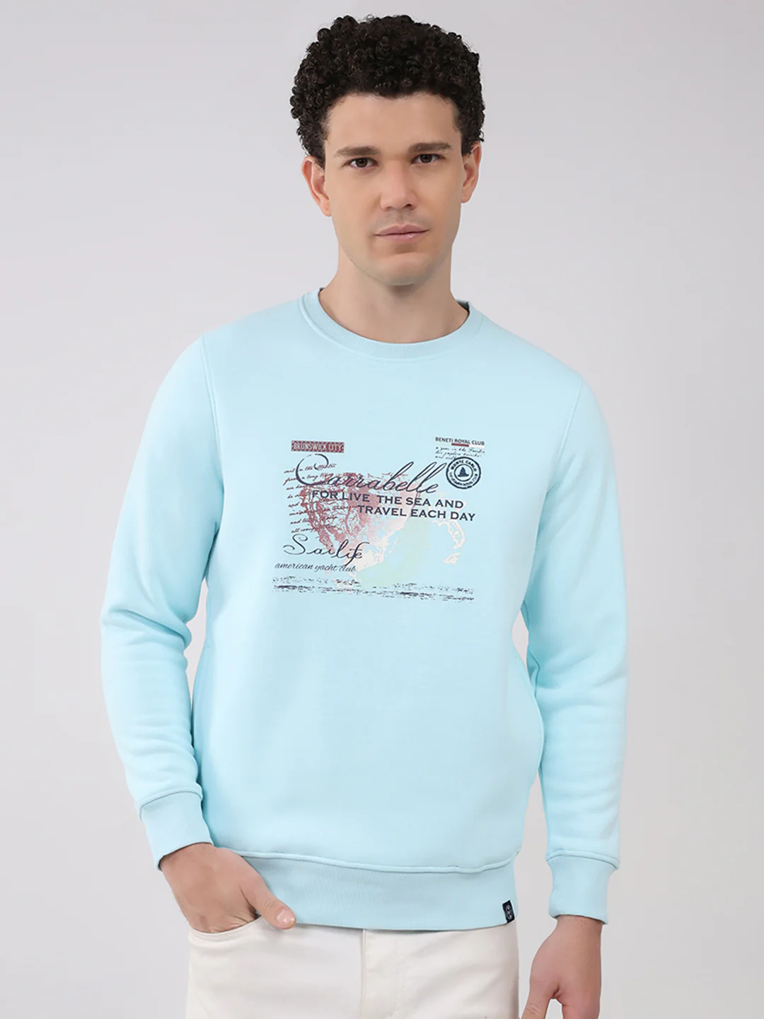 Men Sky Blue Printed Round Neck Full Sleeve Sweatshirt