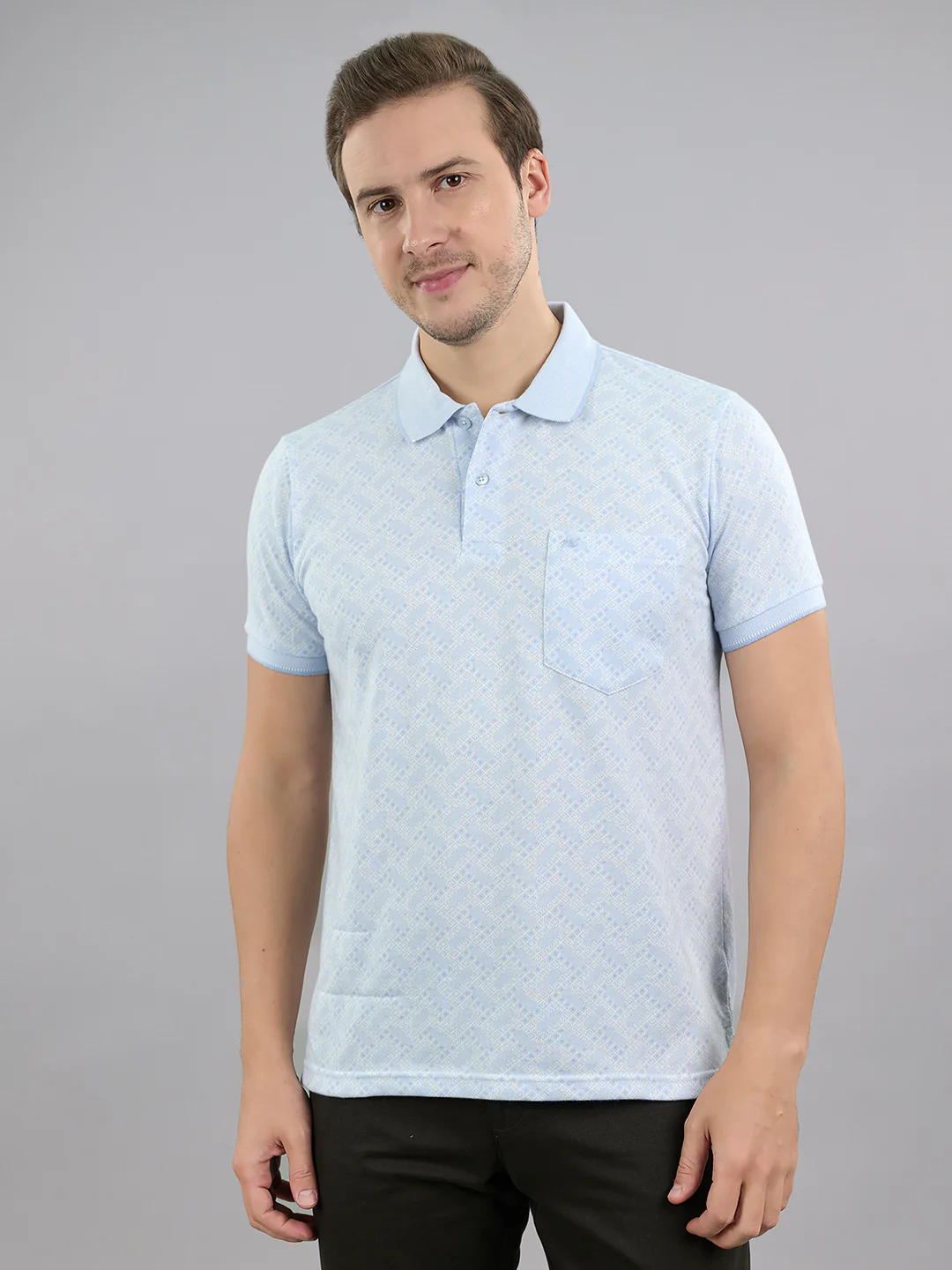 Men Sky Blue Stripe Polo Collar Half Sleeve T-Shirt