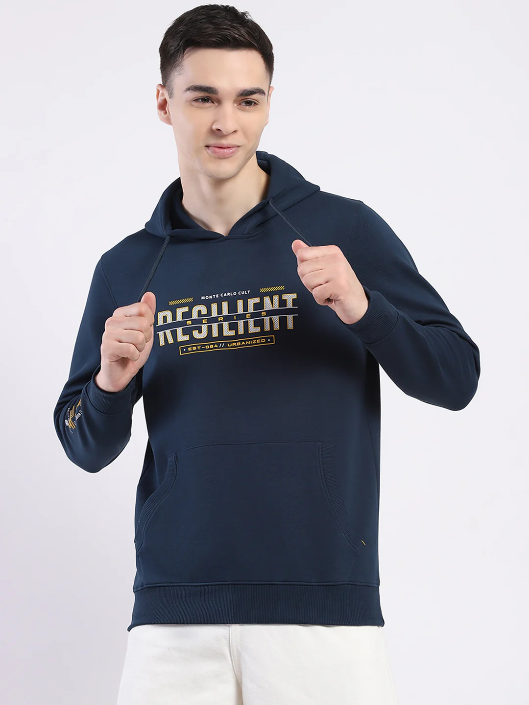 Men Teal Blue Printed Hooded Full Sleeve Winter T-Shirt