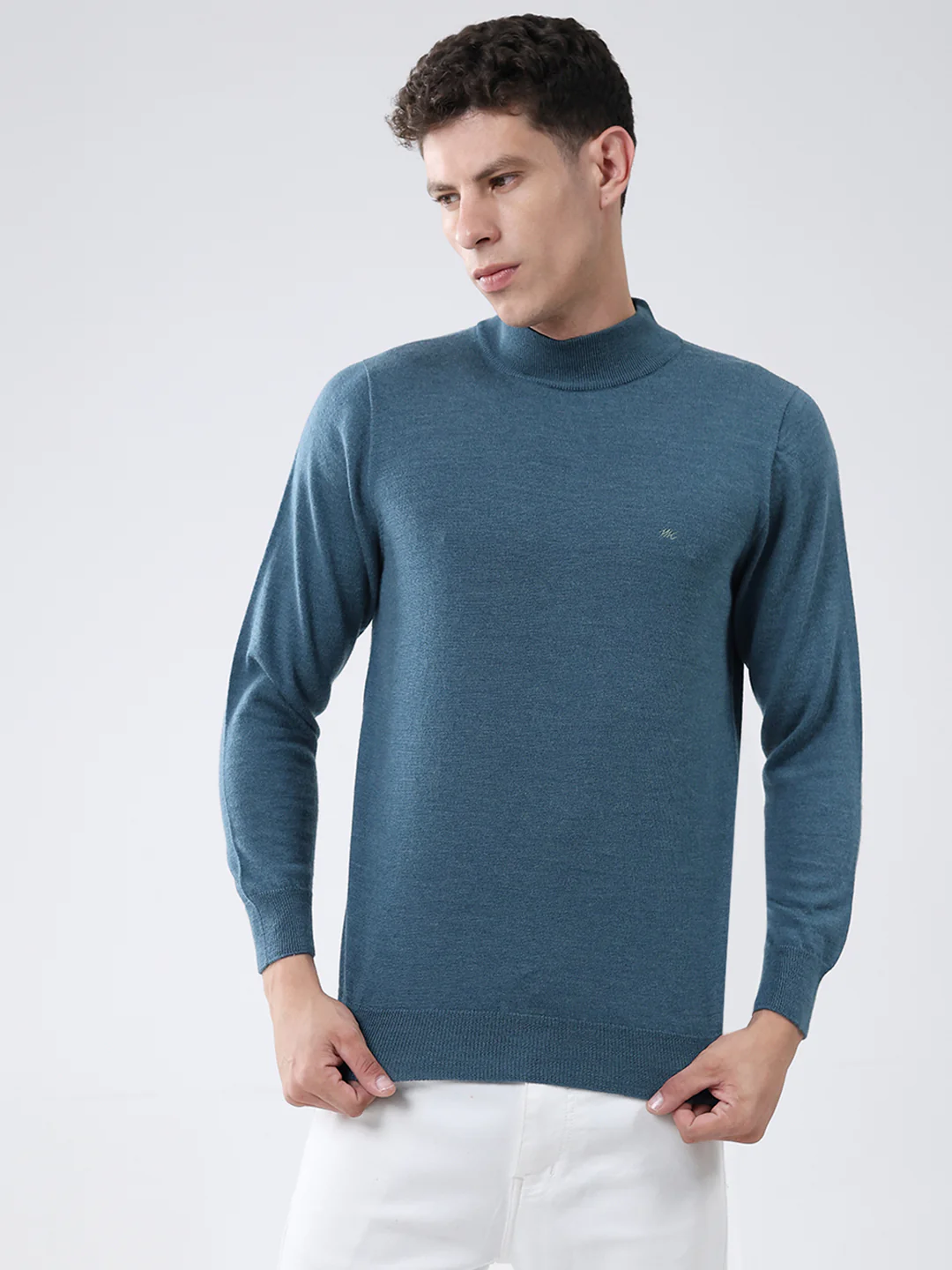 Men Teal Blue Solid High Neck Full Sleeve Pullover