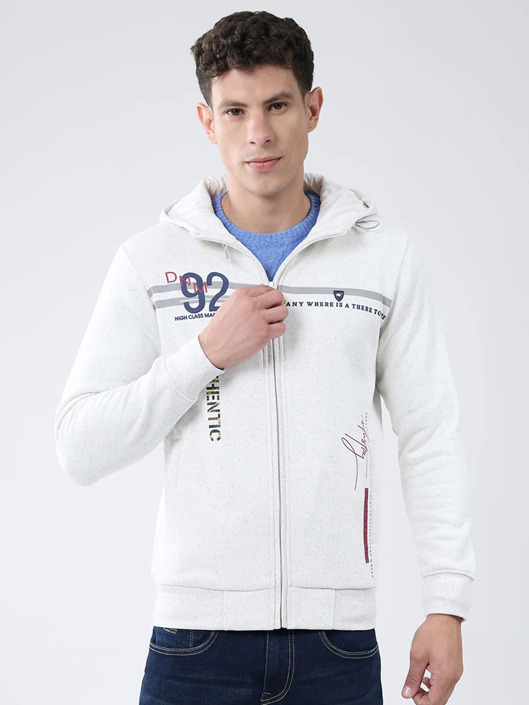 Men White Printed Hooded Full Sleeve Sweatshirt