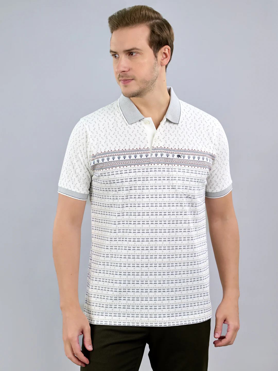 Men White Printed Polo Collar Half Sleeve T-Shirt